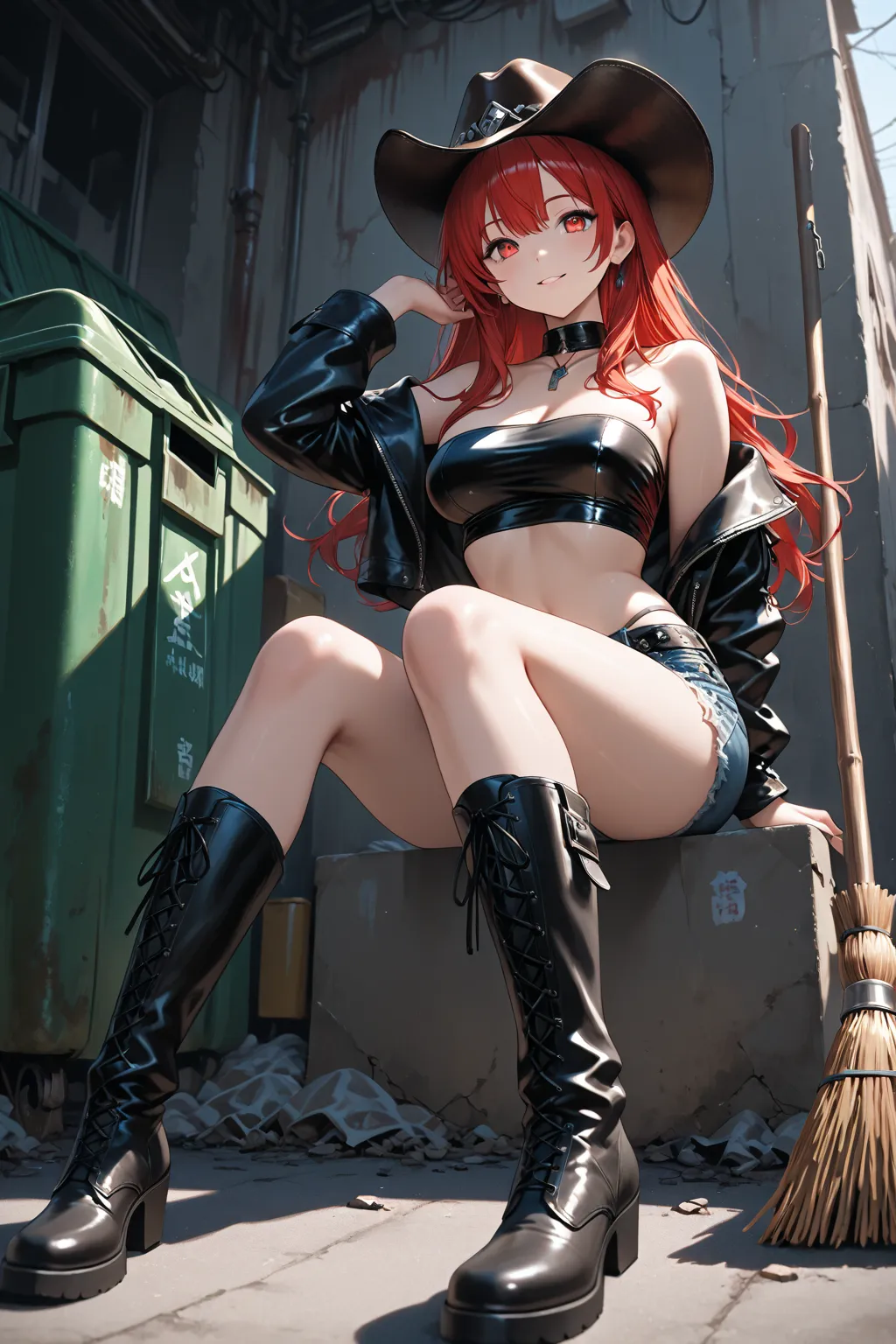 cute girl、masterpiece、black cowboy hat、black leather boots、Highly exposed denim、Tube Top、The background is a garbage dump、Broom、