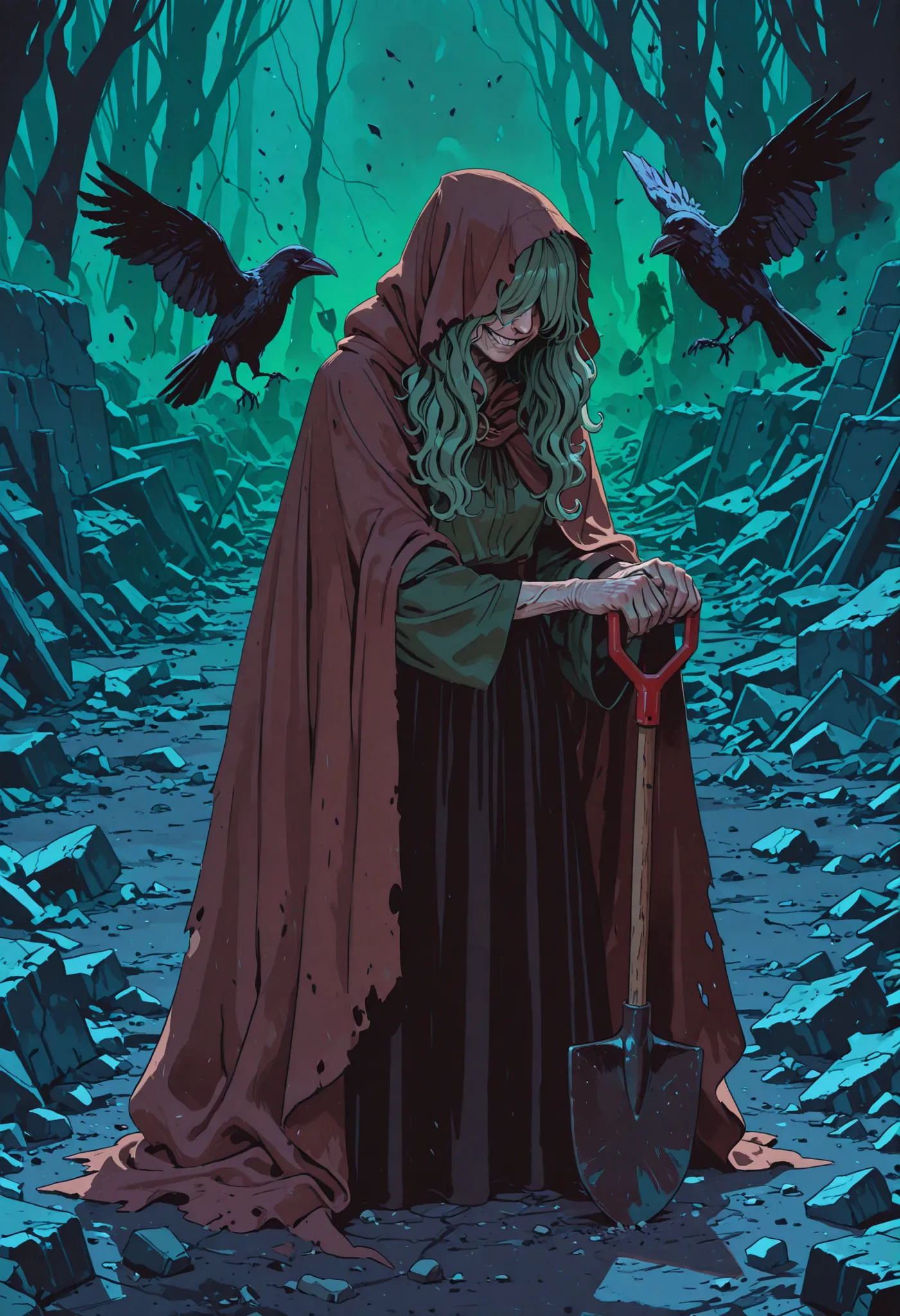 solo, 1 old woman, wrinkles skin, saggy skin, white wavy hair, hair over eyes, hawk nose, brown hooded cape, dark-green shirt, black long skirt, evil grin, hunchback, holding shovel, crow, debris, side lighting, deep shadows,