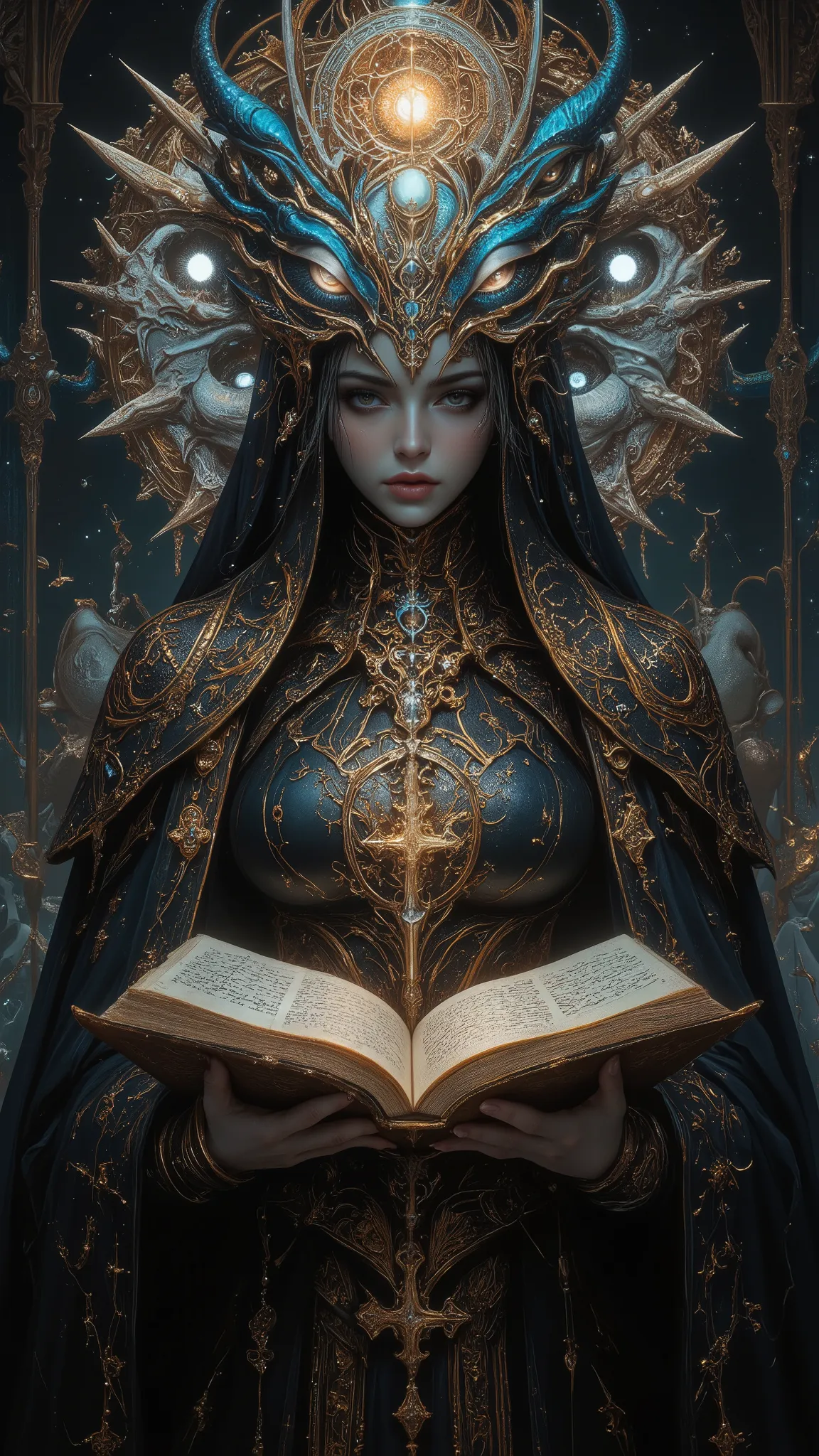Surreal Painting,  An extravagant, mysterious female figure dressed in intricately embroidered black and white medieval clothing that fits her form perfectly , A jeweled rosary necklace with a large crucifix rests on her shoulder,Allusions to a historical ...