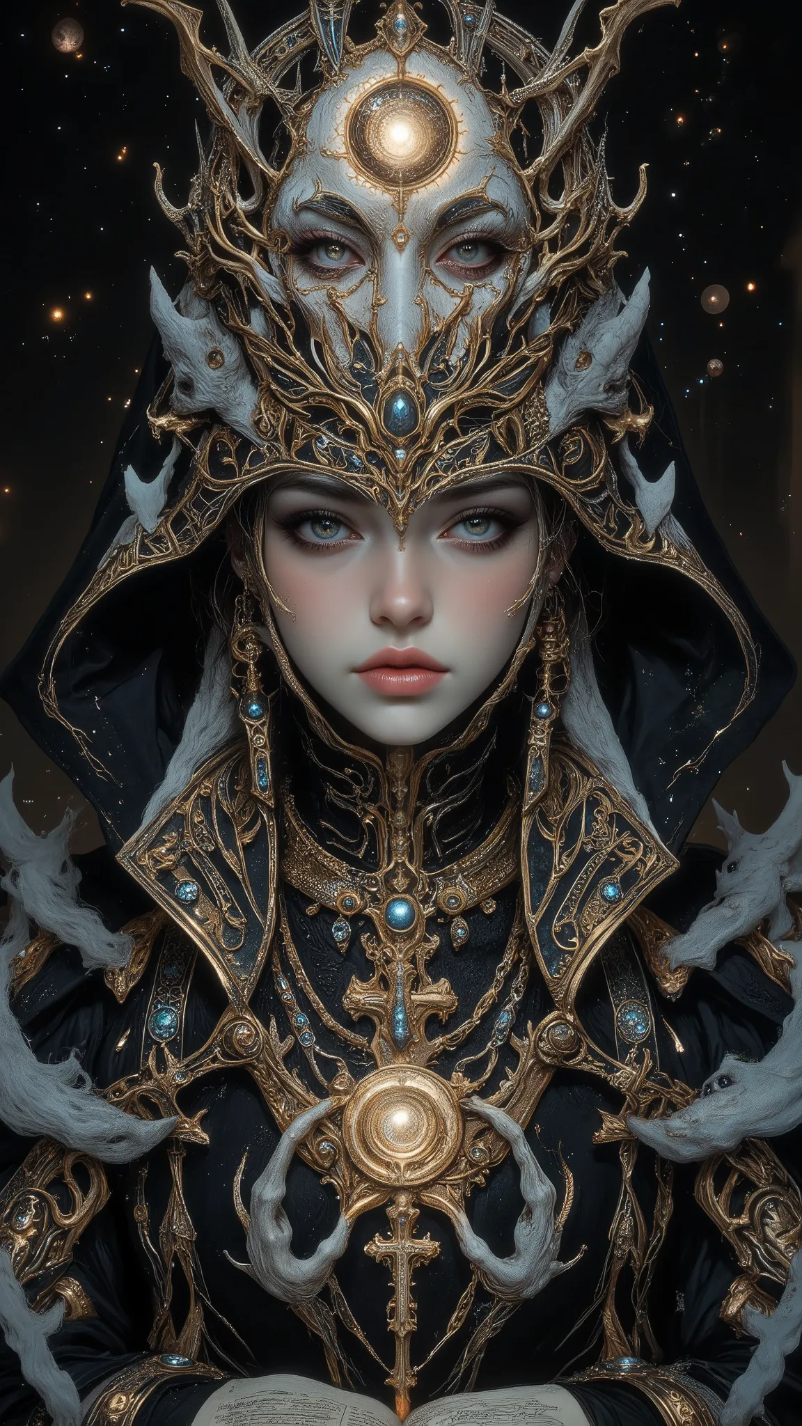 Surreal Painting,  An extravagant, mysterious female figure dressed in intricately embroidered black and white medieval clothing that fits her form perfectly , A jeweled rosary necklace with a large crucifix rests on her shoulder,Allusions to a historical ...