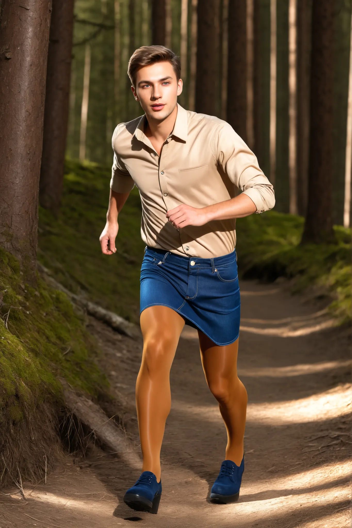 a young Caucasian male guy with a male face, is wearing a denim mini skirt, beiges Outdoorshirt, medium brown amber shiny 40den pantyhose, short dark blue alpine shoes, the male face guy runs in his pantyhose alone in a forest in sunshine.
