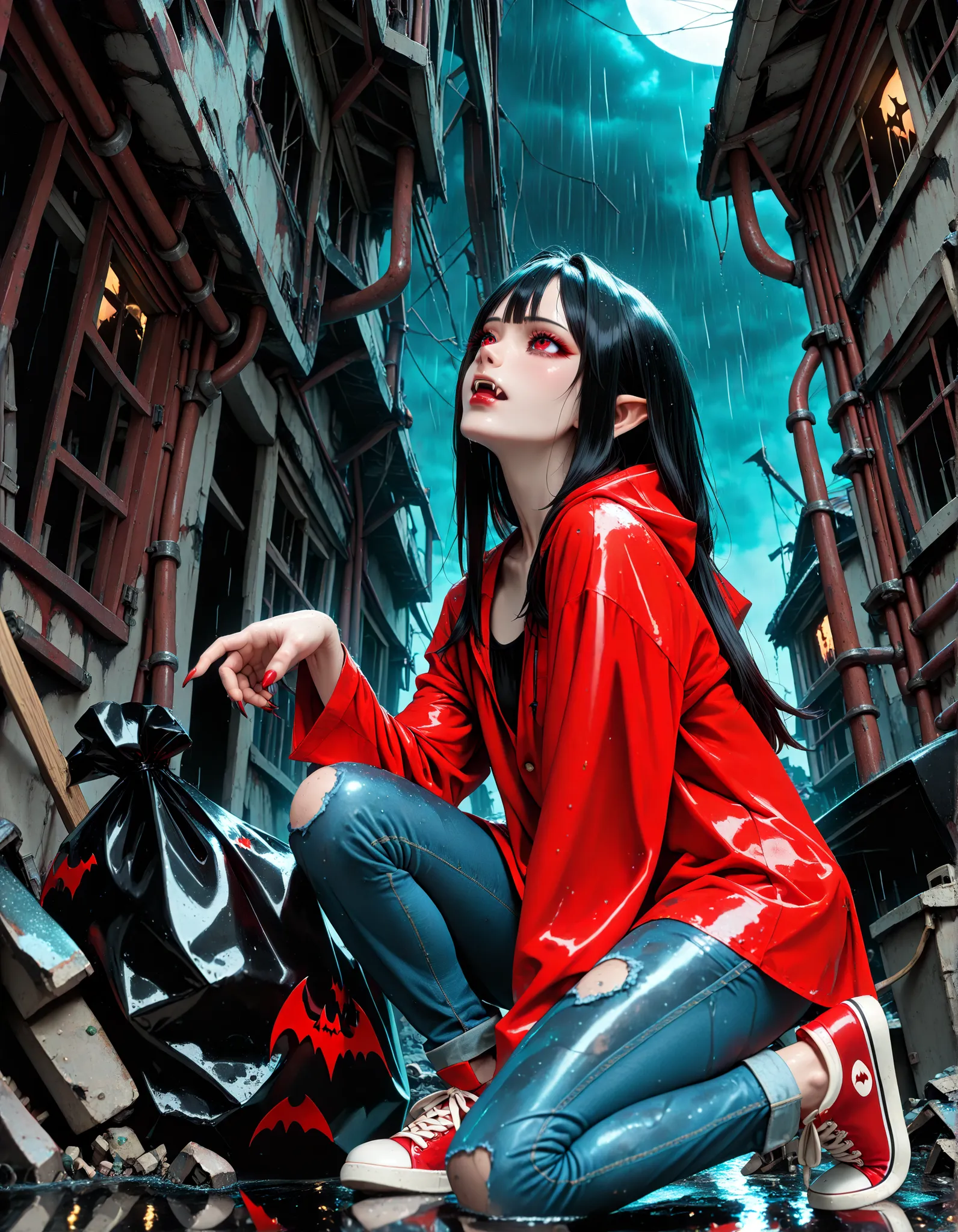 Very High resolution,Realistic and mature anime-style,masterpiece,best quality,amazing quality,hyper-detailed,very aesthetic,from side,from below,(A ruined abandoned village:1.3),(A building reduced to rubble),Flooded,Heavy rain falling,Late at night,A fem...