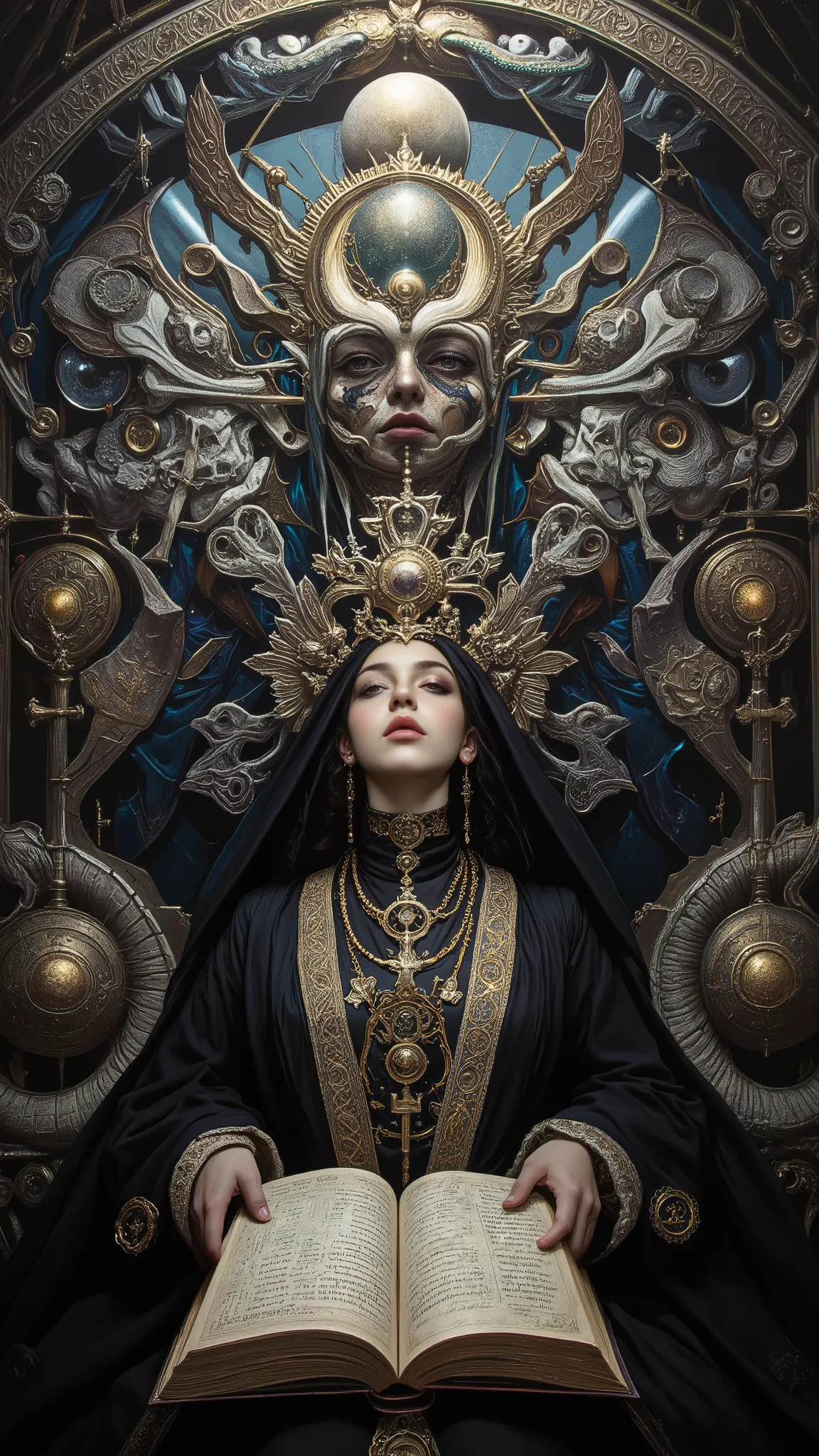 Surreal Painting,  An extravagant, mysterious female figure dressed in intricately embroidered black and white medieval clothing that fits her form perfectly , A jeweled rosary necklace with a large crucifix rests on her shoulder,Allusions to a historical ...