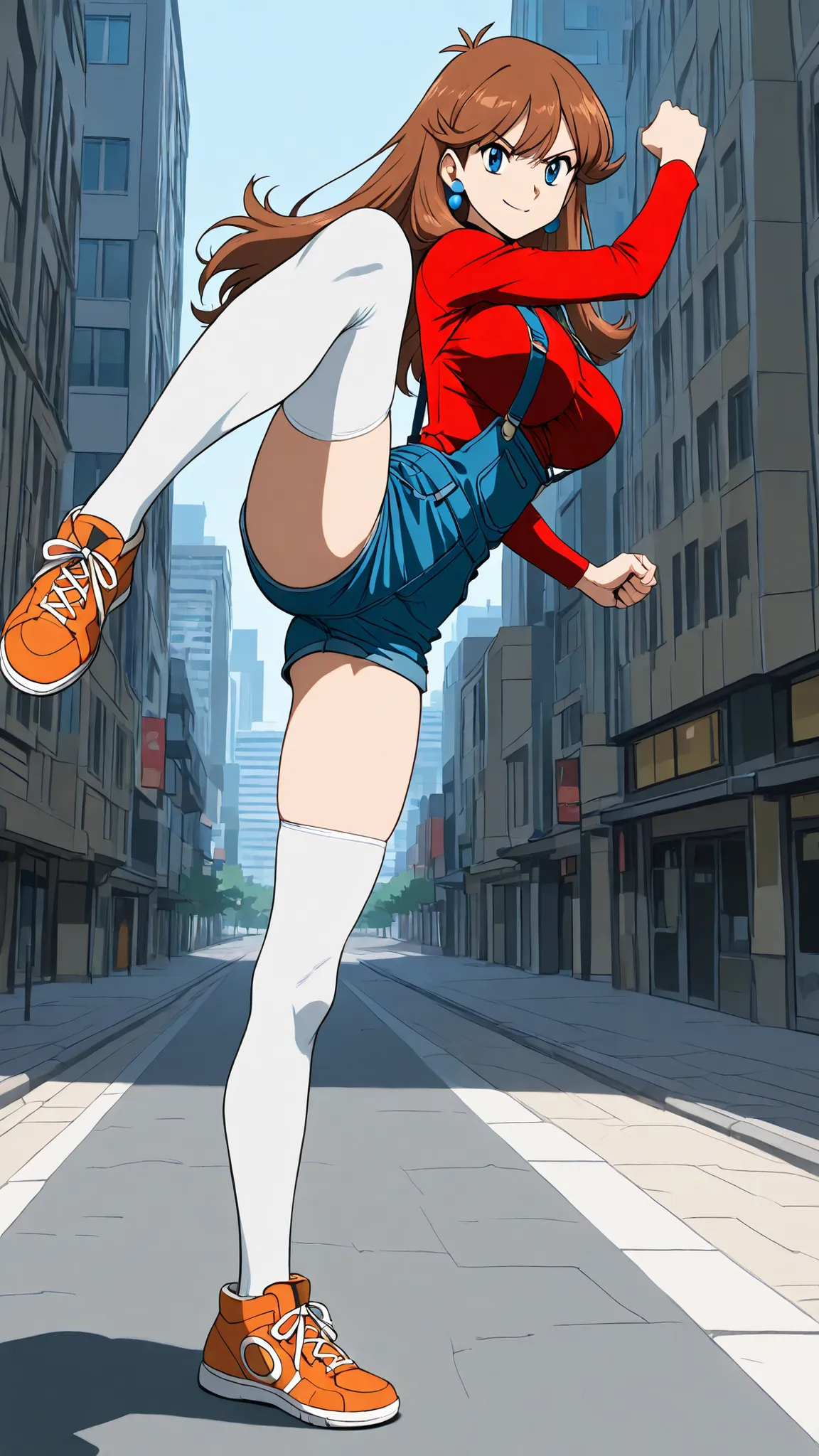 adult older sister, Tall, big boobs, slim sexy body that can be licked by mobs, high kick, Kick the viewer, white knee-high stockings, Absolute region, thighs, Three idiot hairs , bungs, orange brown hair color, long hair, orange sneakers with hee-cups, ba...