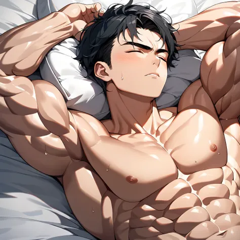 (masterpiece, Best Quality, ultra detailed, high resolution:1.4), 男性, 一人, (detailed perfect handsome young face), (beautiful face), college age, (upper body:1.4), room, bed, 
Break: (muscle:1.2), (abdominal obliques, eight pack:1.1), (detailed skin, shiny ...