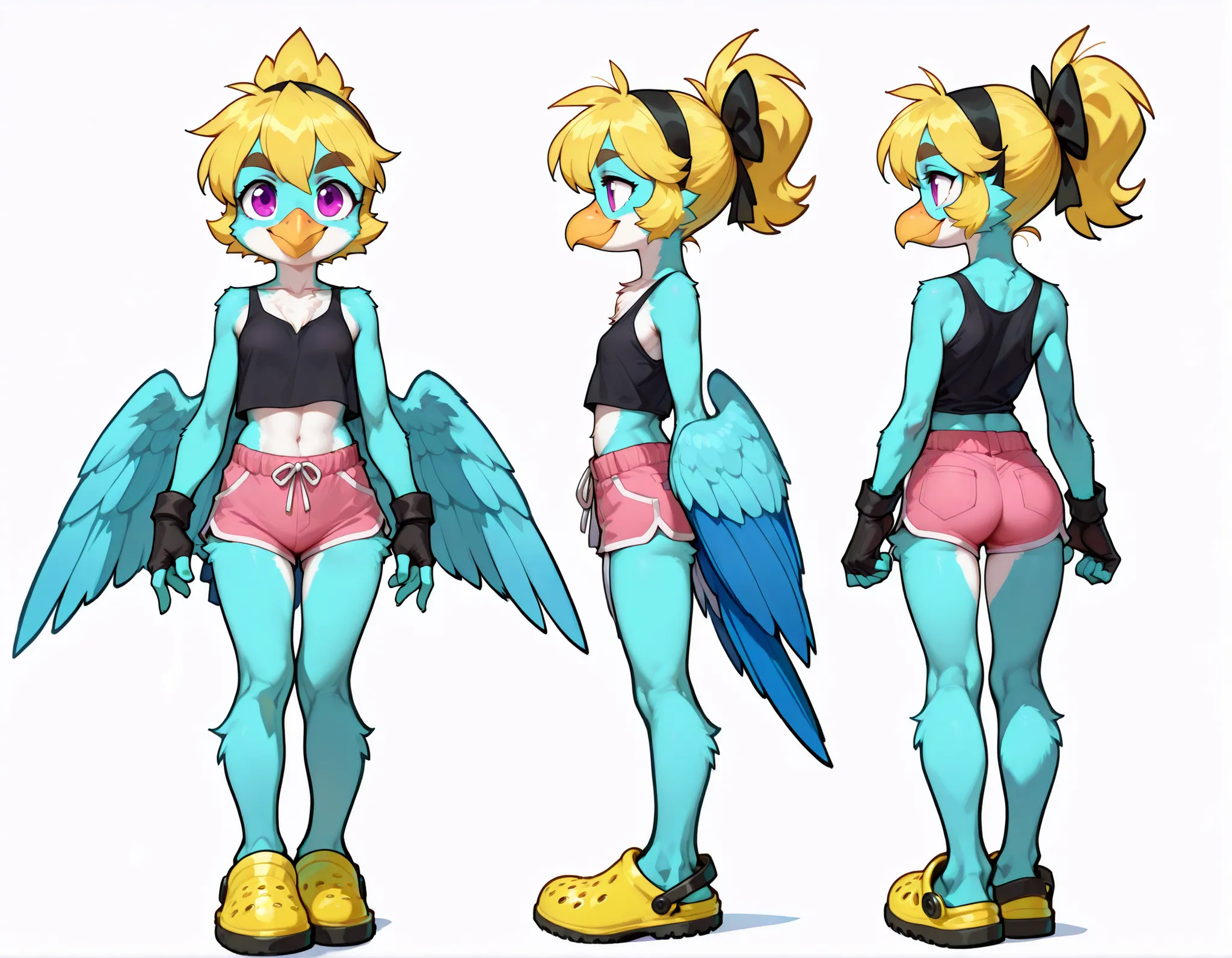 score_9,score_8_up,score_7_up, source_cartoon, spurce_anime, source_furry, solo, alone, Furry girl, fluffy ears, anthro bird, yellow beak, magenta hair, pointed spiky hairstyle, pointed spiky ponytail, anime style, small breasts, purple eyes, big eyebrows,...