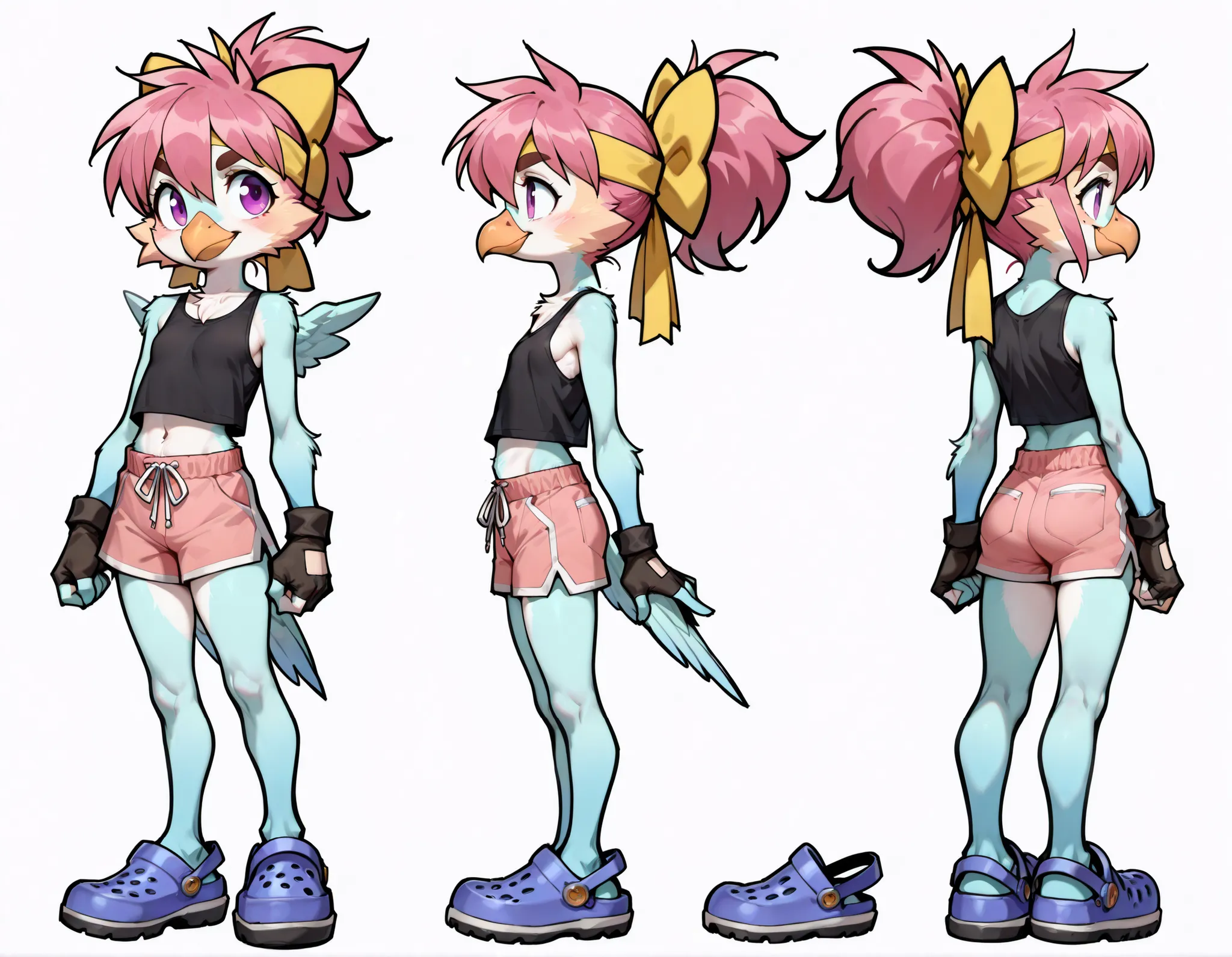score_9,score_8_up,score_7_up, source_cartoon, spurce_anime, source_furry, Furry girl, bird, yellow bird beak, magenta hair, short spiky hairstyle, short spiky ponytail, anime style, small breasts, purple eyes, big eyebrows, purple animal ears, ((yellow he...