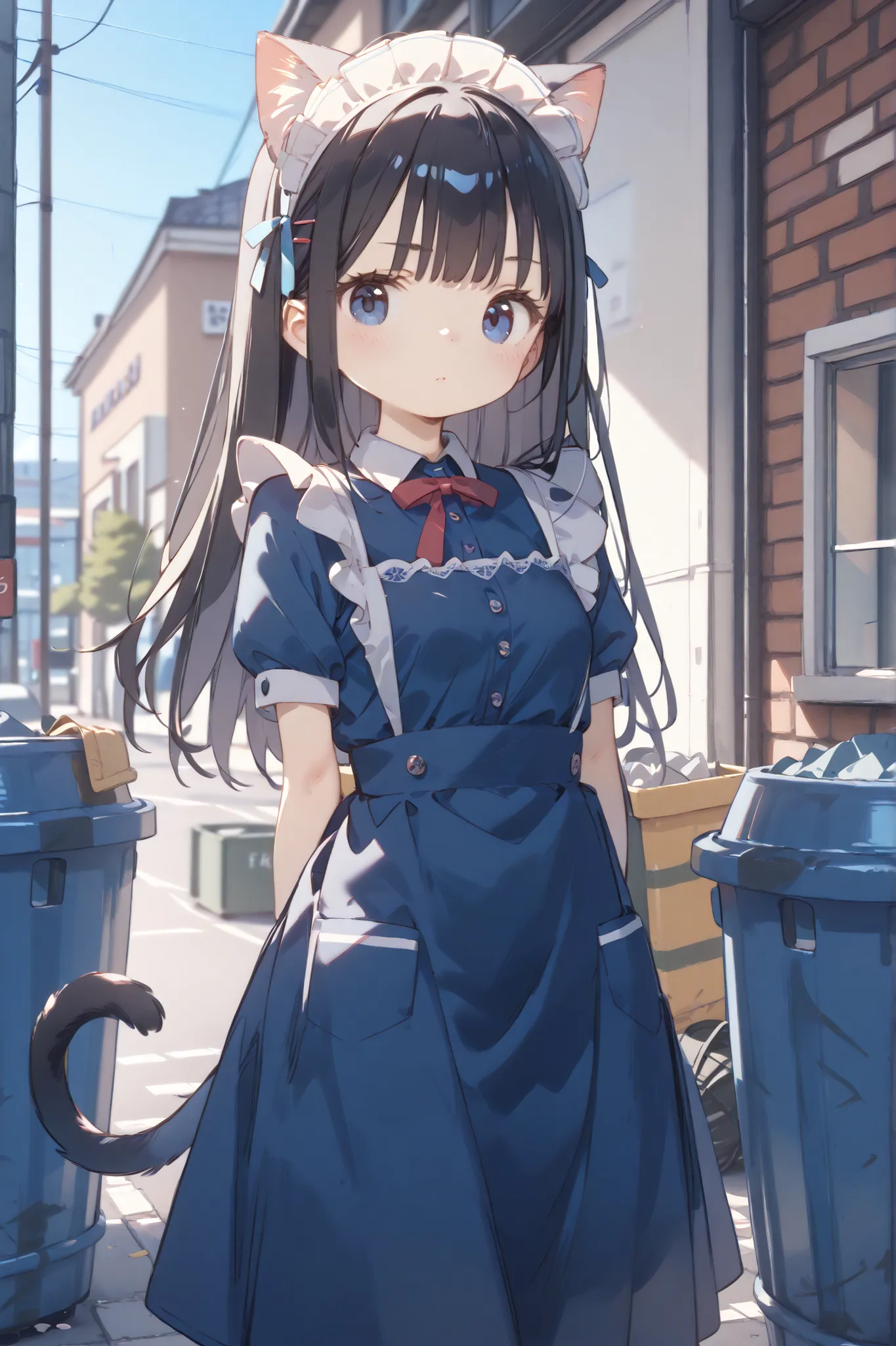 High Definition、High Quality、8k、4k、Lift the trash can、with both hands、1 girl、Little girl、young、 immature body、Beautiful girl、big boobs、long hair、dark haired、Blue Eyes、Cat ears、cat tail、Maid、Maid服、Apron、Lift the trash can、、with both hands、cleaning in progre...