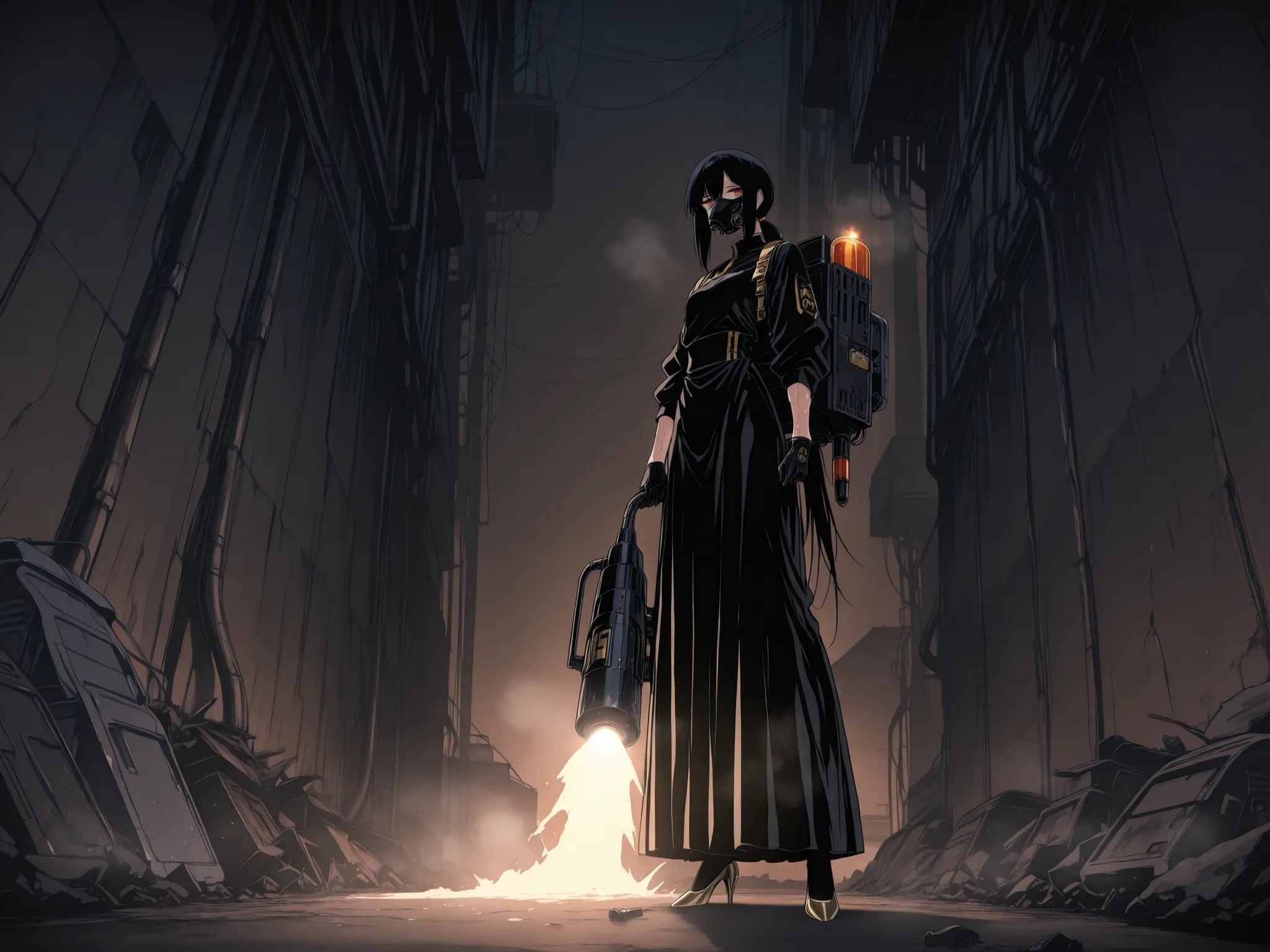 masterpiece, best quality, amazing quality, very aesthetic, foreshortening, 1 girl, maid, gasmask, have black hair, long bangs, low ponytail, extremely long ponytail, black and gold pumps, small breast, narrowed eyes, yellow eyes, red eyeshadow in corner o...