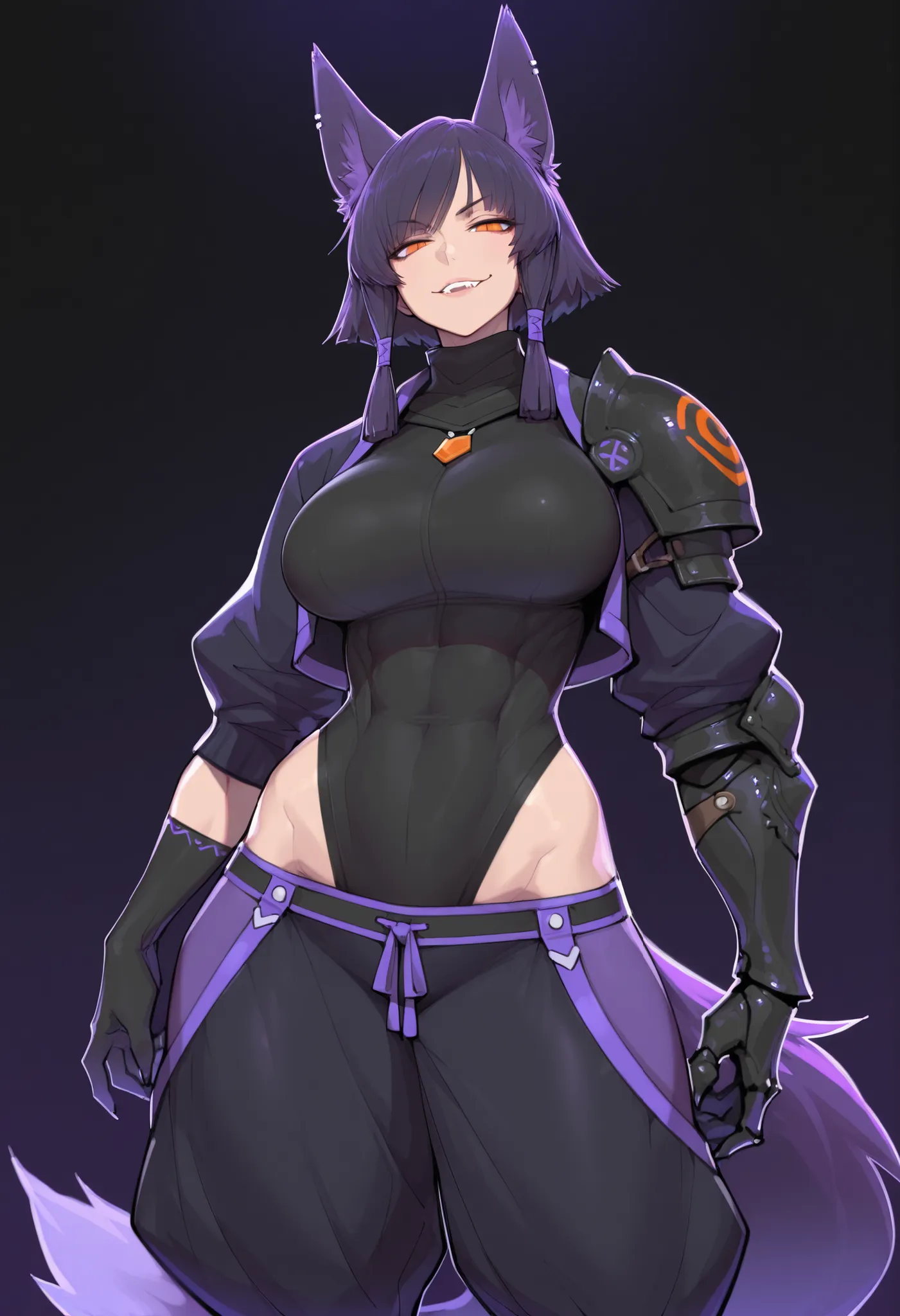 gorgeous kitsune girl, beautiful face, kitsune, hair of ash-purple color, beautiful woman, orange eyes, slit pupils, volputrous body, toned woman, curvy and athletic, fox ears, short hair, dark adventurer jacket, buggy pants, single pauldron, single vambra...