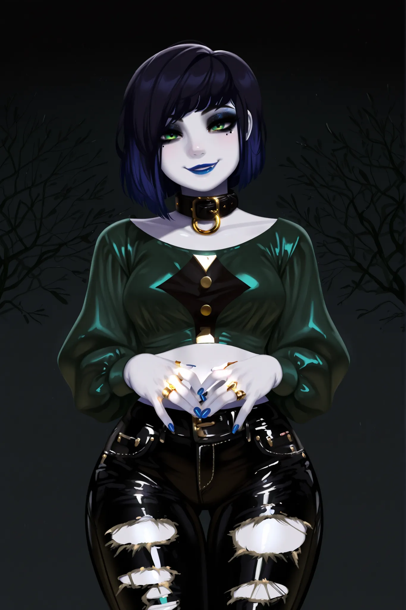 A beautiful girl, black leather collar, golden rings, torn black jeans pants, navy green fairycore cropped blouse with long sleeves, thick voluptuous body, blue nail polish on fingernails, makeup, dark eyeshadow, blue lipstick, pale skin, Fair urban backgr...