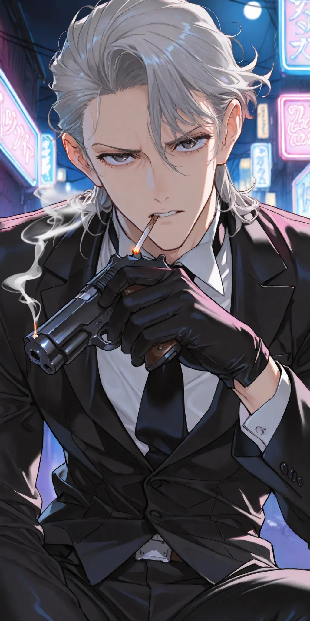 Background:back alley,neon light,night,Moonlight,,Pistol,Pistolを構えている,they are pointing their guns at viewers, Silver Hair,shorthairs,black gloves,smoking cigarettes,Luxury suits,Ruthless Expression,solo,1 male,dandy,Hitman,,Dramatic,Anime Chic,safe conten...