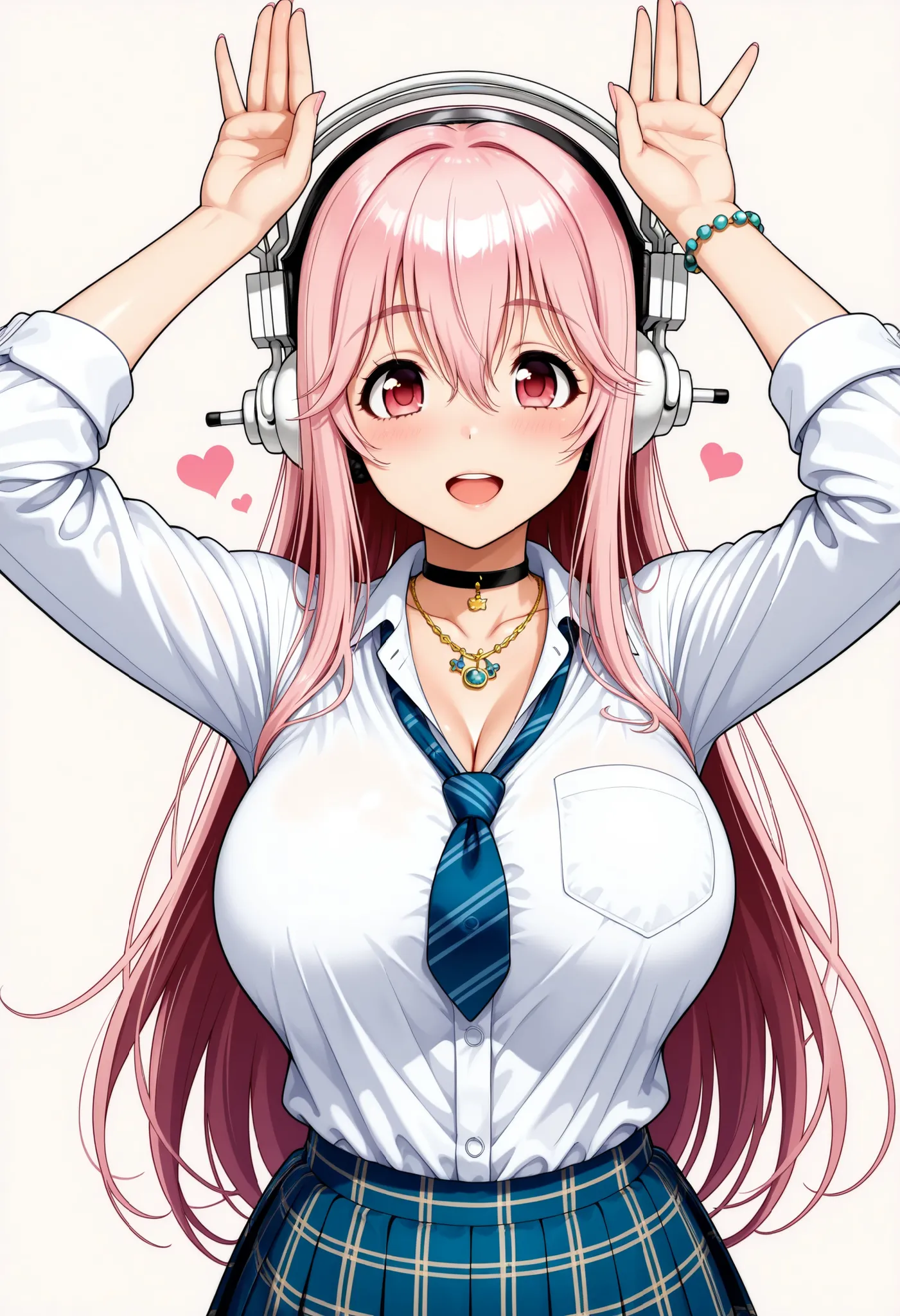 Semi realistic, Super Sonico , long hair, pink hair, hair between eyes, jewelry, very long hair, gradation hair, pink hair, white hair, choker, Pure Bitch, Captivating Body, ギャル:1.4, 単色背景, アイドル衣装, リボンタイ, ミニスカート, フォトジェニック, 超高解像度, (最高品質:1.2, CGイラスト, 傑作:1.2, ...