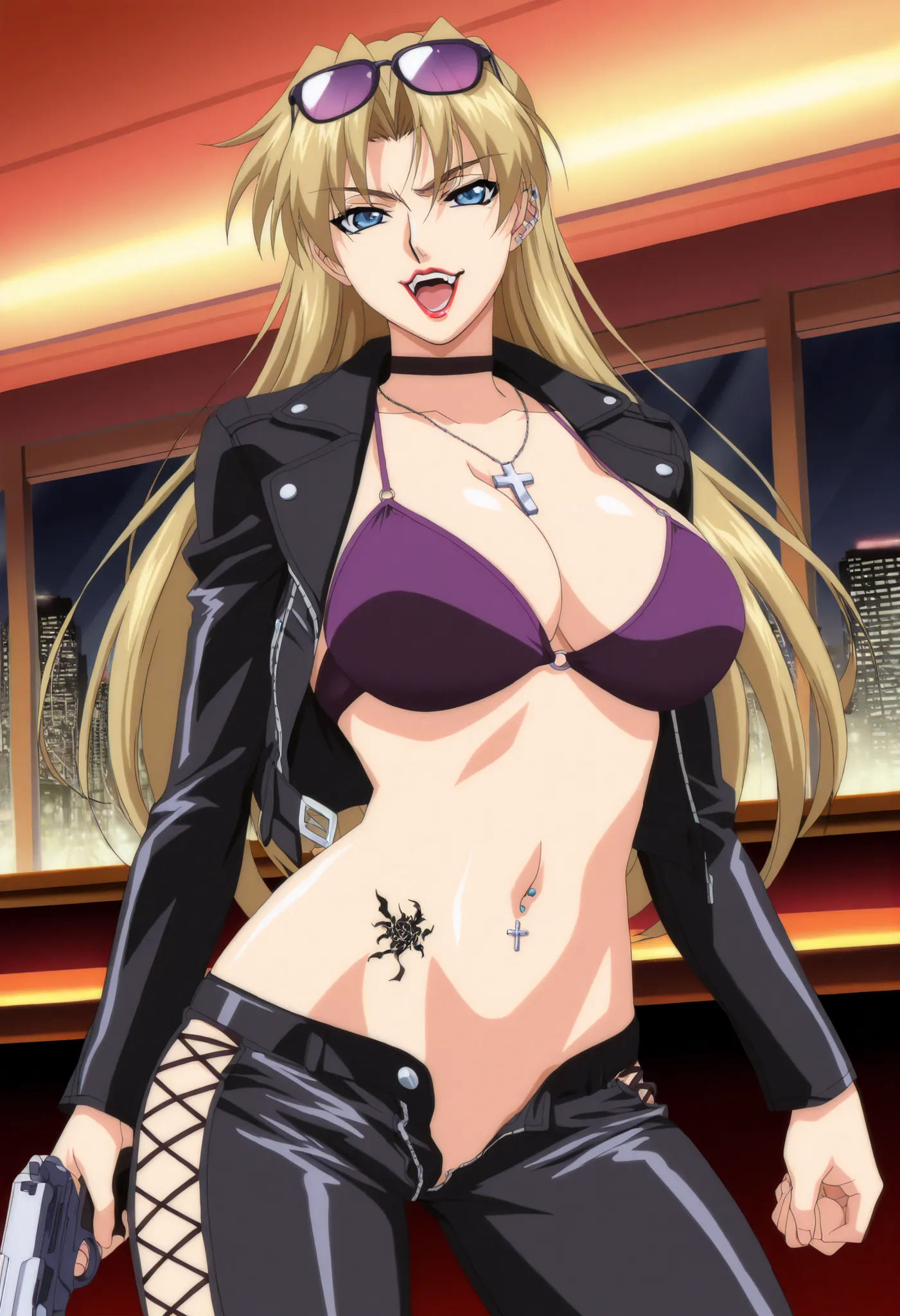 masterpiece,best quality,amazing quality,very aesthetic,high resolution,ultra-detailed,absurdres,newest, Obari Masami style, anime screencap, anime screenshot,  2000s (style),  Shaia, blonde, 1girl, , blue eyes, sunglasses on head,  ear piercing, long hair...