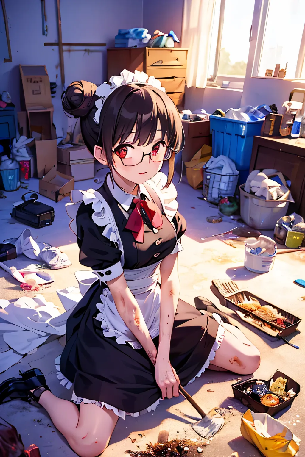 absurderes, Hi-Res, (anime style:1.2), ((Mizuho Kazami)), ((top quality)), (Ultra Detailed), (beautiful),  solo, beautiful  face, red hair, hair bun, sidelocks, glasses,  (in an unbelievably dirty room:1.5)、the room is full of trash 、trash with old manga m...