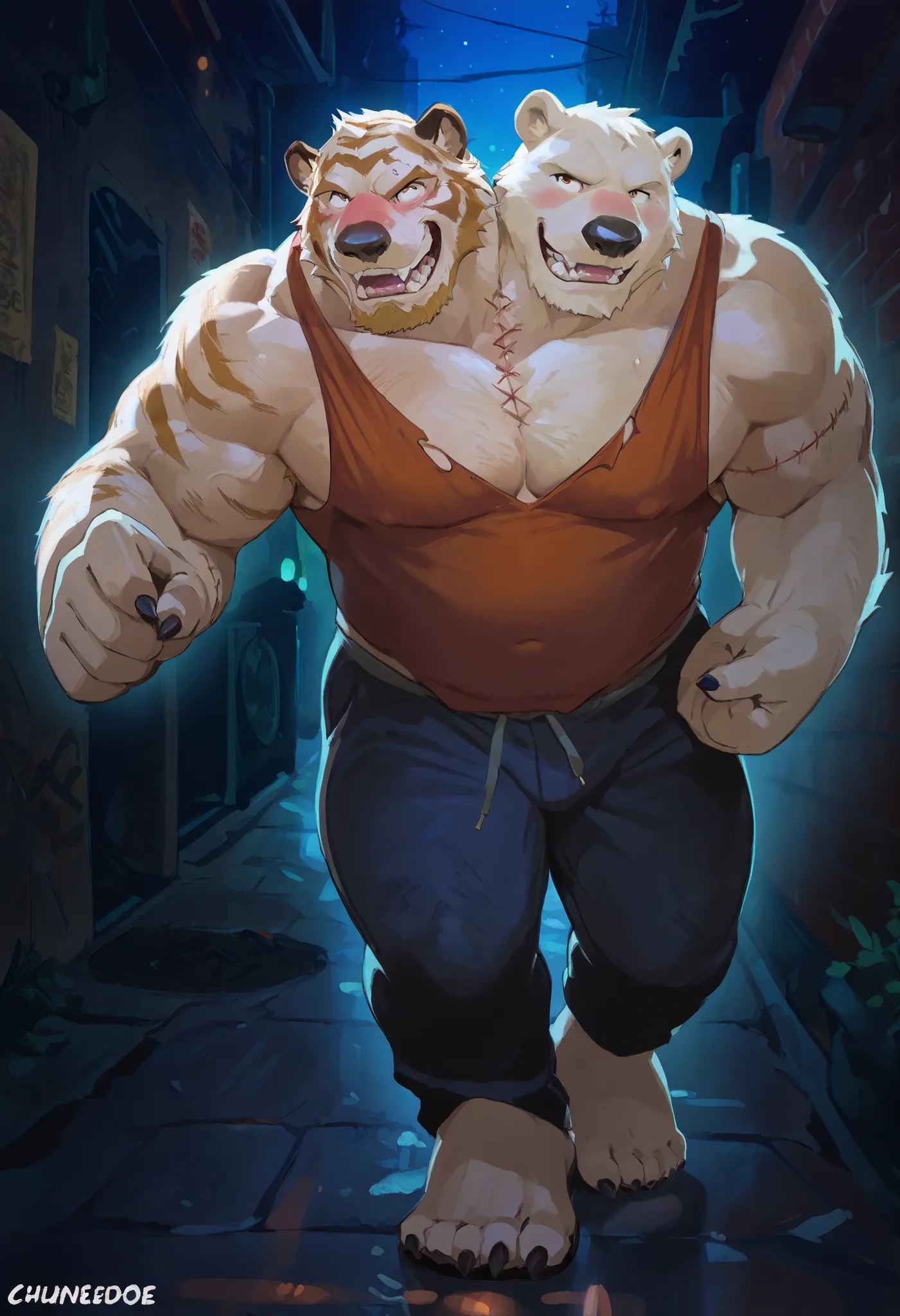 (hairy manly fat polar bear and  nerdy muscle tiger stitched together), in pain, stitched together, dark alley, night, very high quality, pants, half white fur half orange fur, ((two heads one body)), conjoined, walking, adult,  (best quality, detailed, 4k...