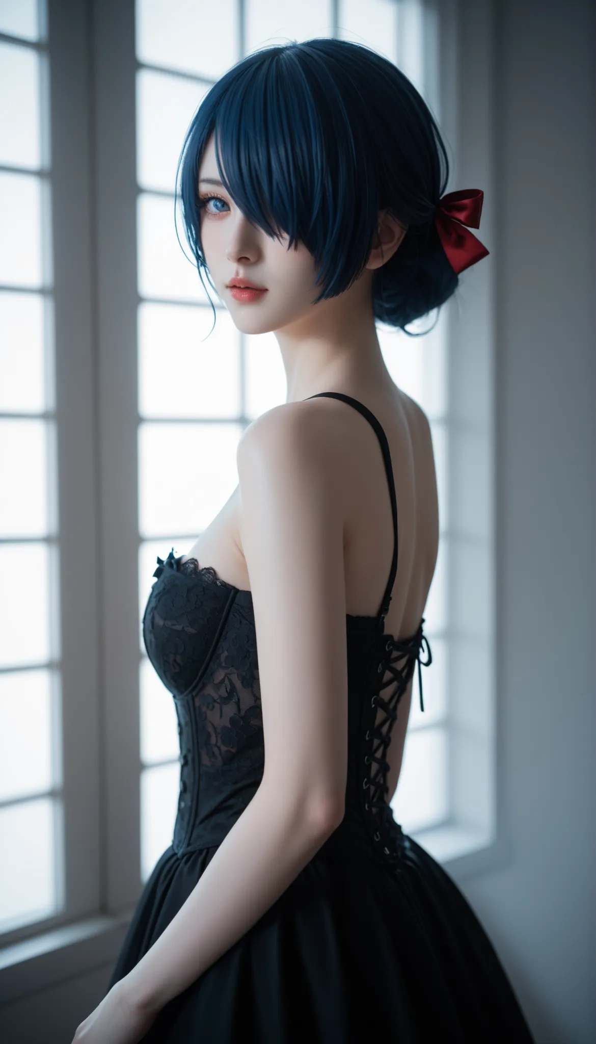 Kirishima Touka , Tokyo ghoul > "Hyper-realistic gothic girl, short dark blue hair covering one eye, deep blue eye, perfect skin , wearing a detailed red and black corset dress with lace and ribbon details, dark fantasy atmosphere, cinematic lighting, ult...