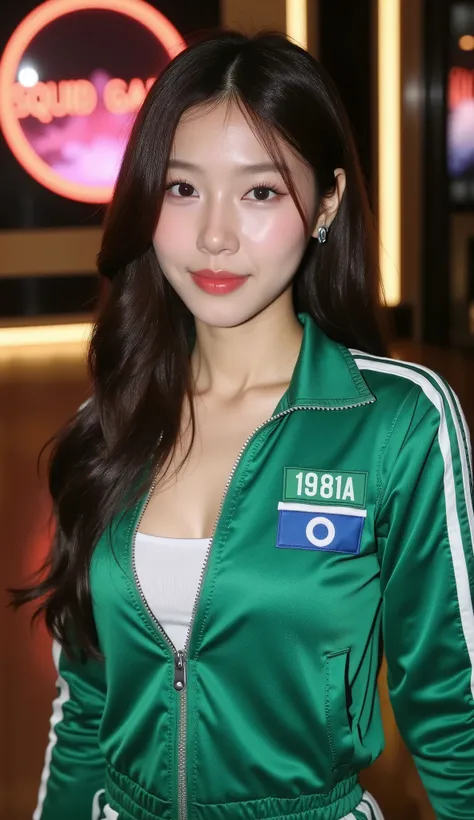 (masterpiece), (best quality), ultra-realistic waist-up photo of an attractive, seductive female model styled as a contestant from Squid Game, korean,
posing sexy photoshoot, making direct eye contact with the viewer, subtle seductive smile, confident expr...