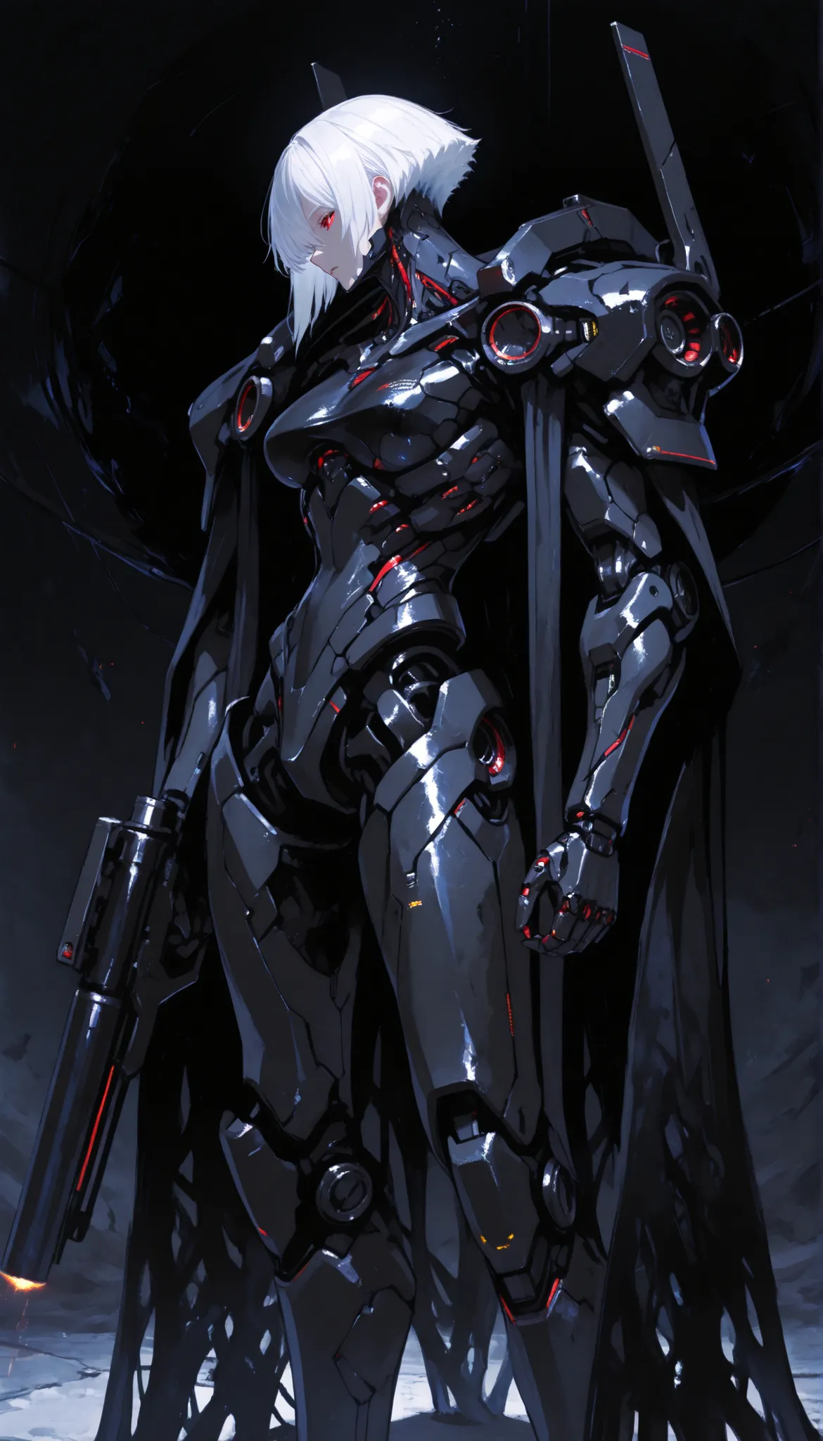 masterpiece, (best quality), sci-fi machine, matte black carbon fiber texture, white hair, black carbon fiber simulated breast prosthesis assembled with mechanical structural modules, super evolutionary future technology, cyberpunk titan technology, ornate...