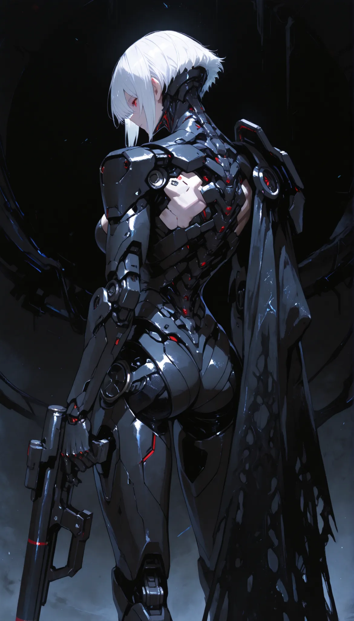 masterpiece, (best quality), sci-fi machine, matte black carbon fiber texture, white hair, black carbon fiber simulated breast prosthesis assembled with mechanical structural modules, super evolutionary future technology, cyberpunk titan technology, ornate...