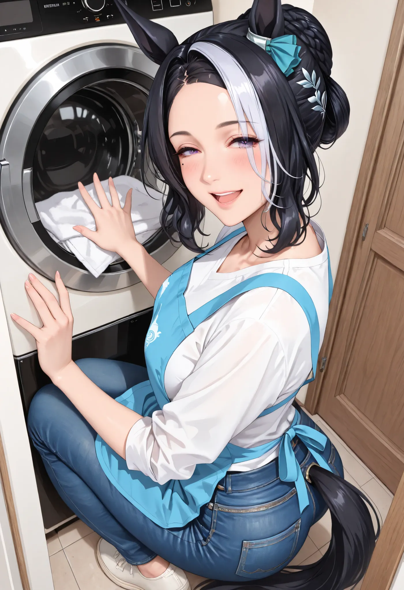 (masterpiece, best quality, perfect face:1.4), wide angle, full body, mejiro ramonu \(umamusume\), black hair, white hair, multicolored hair, purple eyes, mole under eye, ear ornament, horse ears, horse tail, tail on the lower back, proportional body, prop...