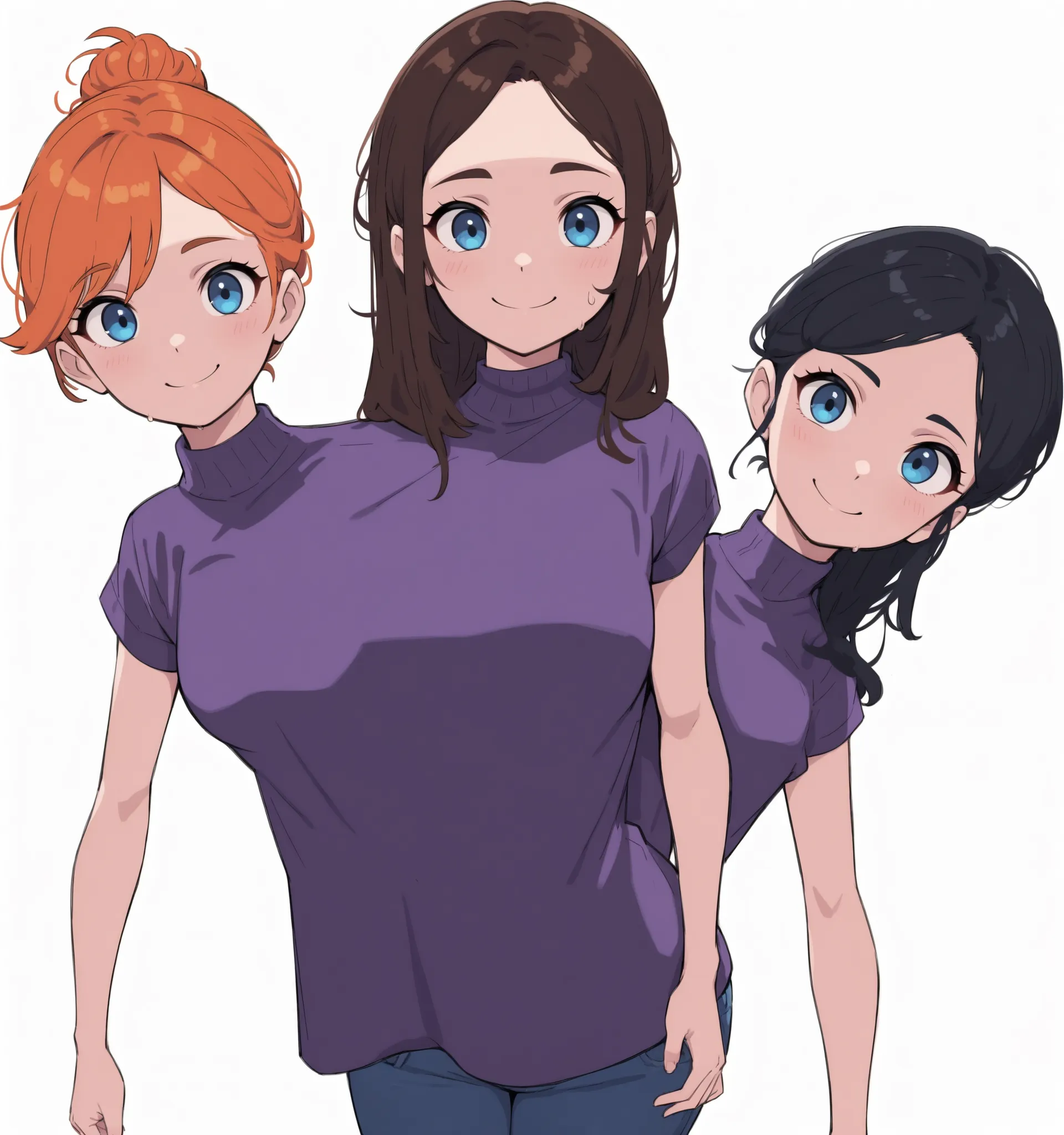best quality , (masterpiece) , (ultra-detailed) , (high quality) , (high resolution) , ((3heads:1 . 5)) , best quality:1 . 5 , highres , UHD , 16K) , three headed woman , smiling , highres , masterpiece , (orange hair) , (black hair) , (brown hair) , (purp...