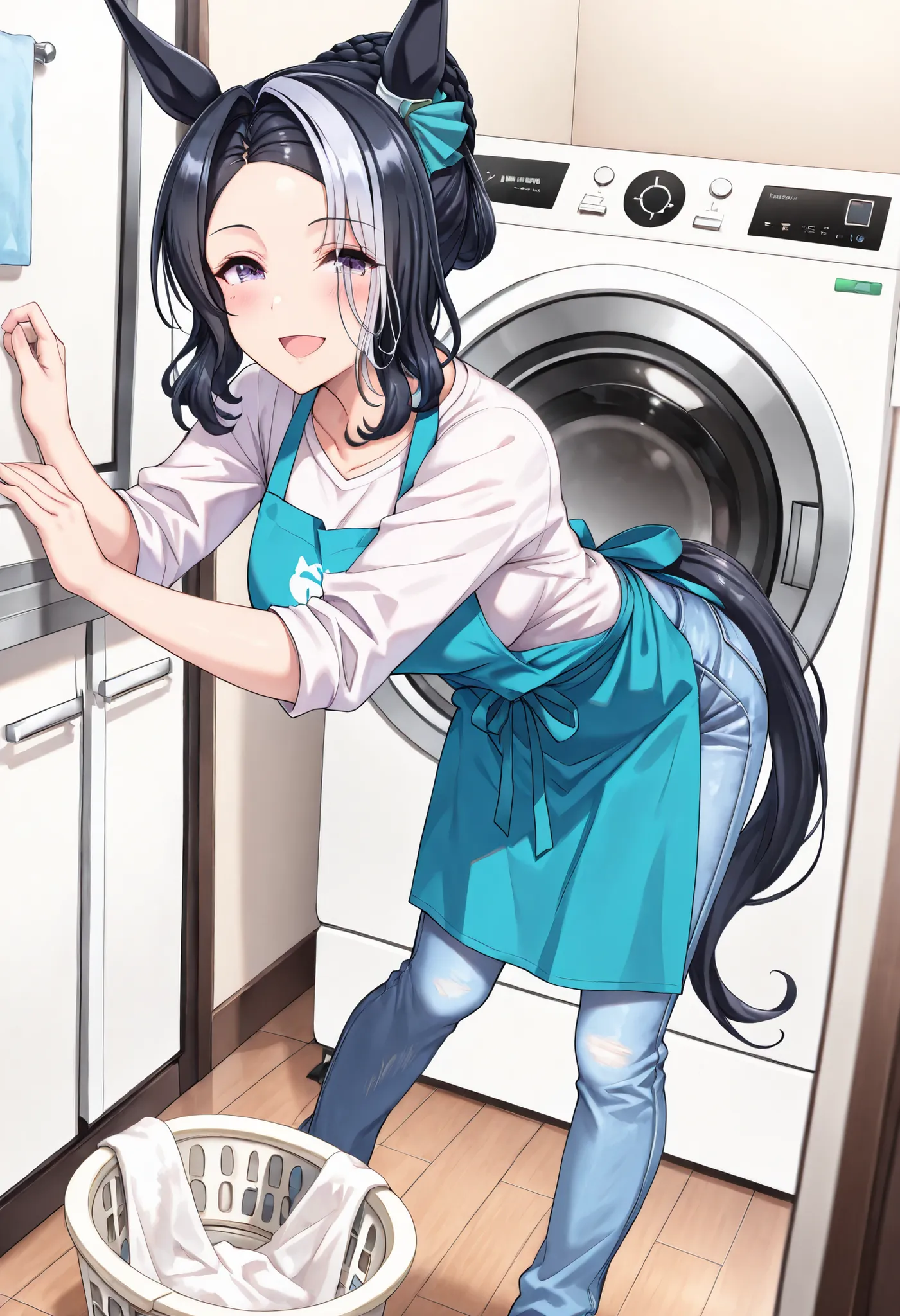 (masterpiece, best quality, perfect face:1.4), wide angle, full body, mejiro ramonu \(umamusume\), black hair, white hair, multicolored hair, purple eyes, mole under eye, ear ornament, horse ears, horse tail, tail on the lower back, proportional body, prop...