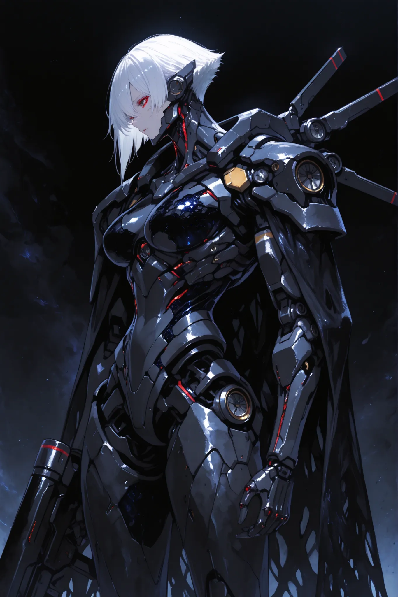 masterpiece, (best quality), sci-fi machine, matte black carbon fiber texture, white hair, black carbon fiber simulated breast prosthesis assembled with mechanical structural modules, super evolutionary future technology, cyberpunk titan technology, ornate...