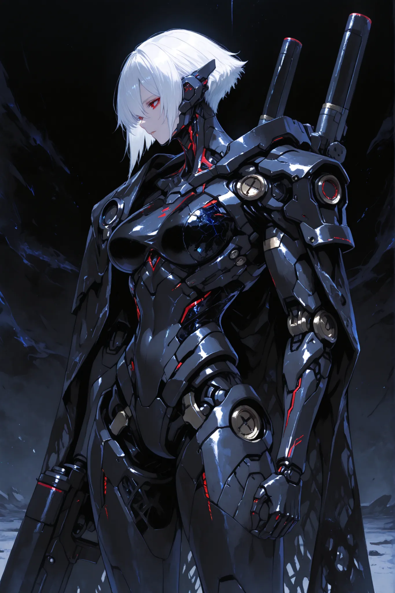 masterpiece, (best quality), sci-fi machine, matte black carbon fiber texture, white hair, black carbon fiber simulated breast prosthesis assembled with mechanical structural modules, super evolutionary future technology, cyberpunk titan technology, ornate...