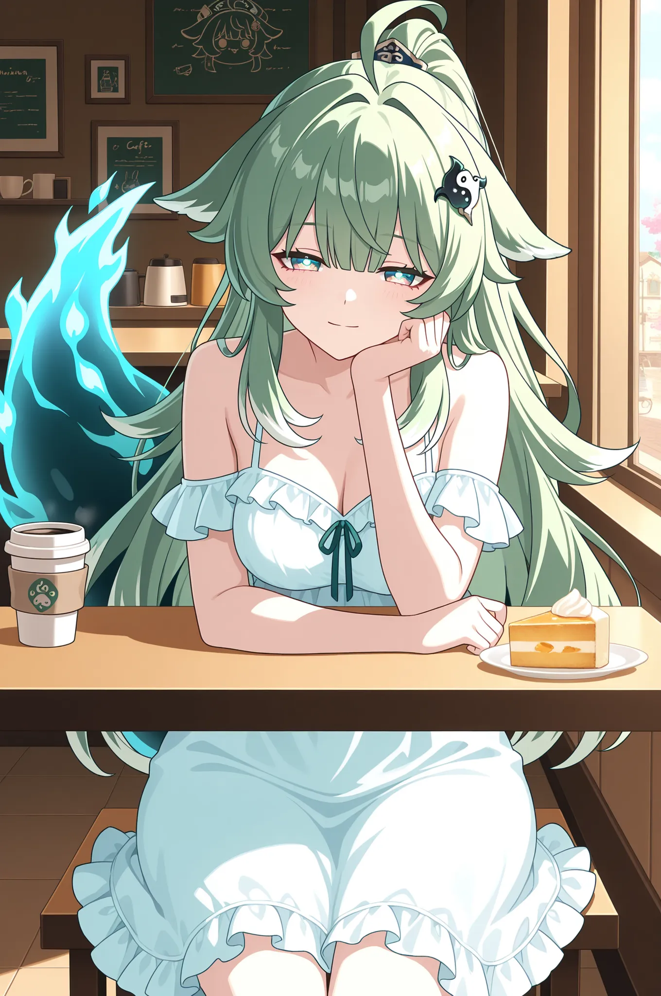 masterpiece, best quality, amazing quality, very aesthetic, huohuo_(honkai:_star_rail), aged up, looking at viewer, half-closed eyes, light blush, light smile, sitting, at table, head rest, alternate hairstyle, ponytail, long hair, bangs, medium breasts, w...