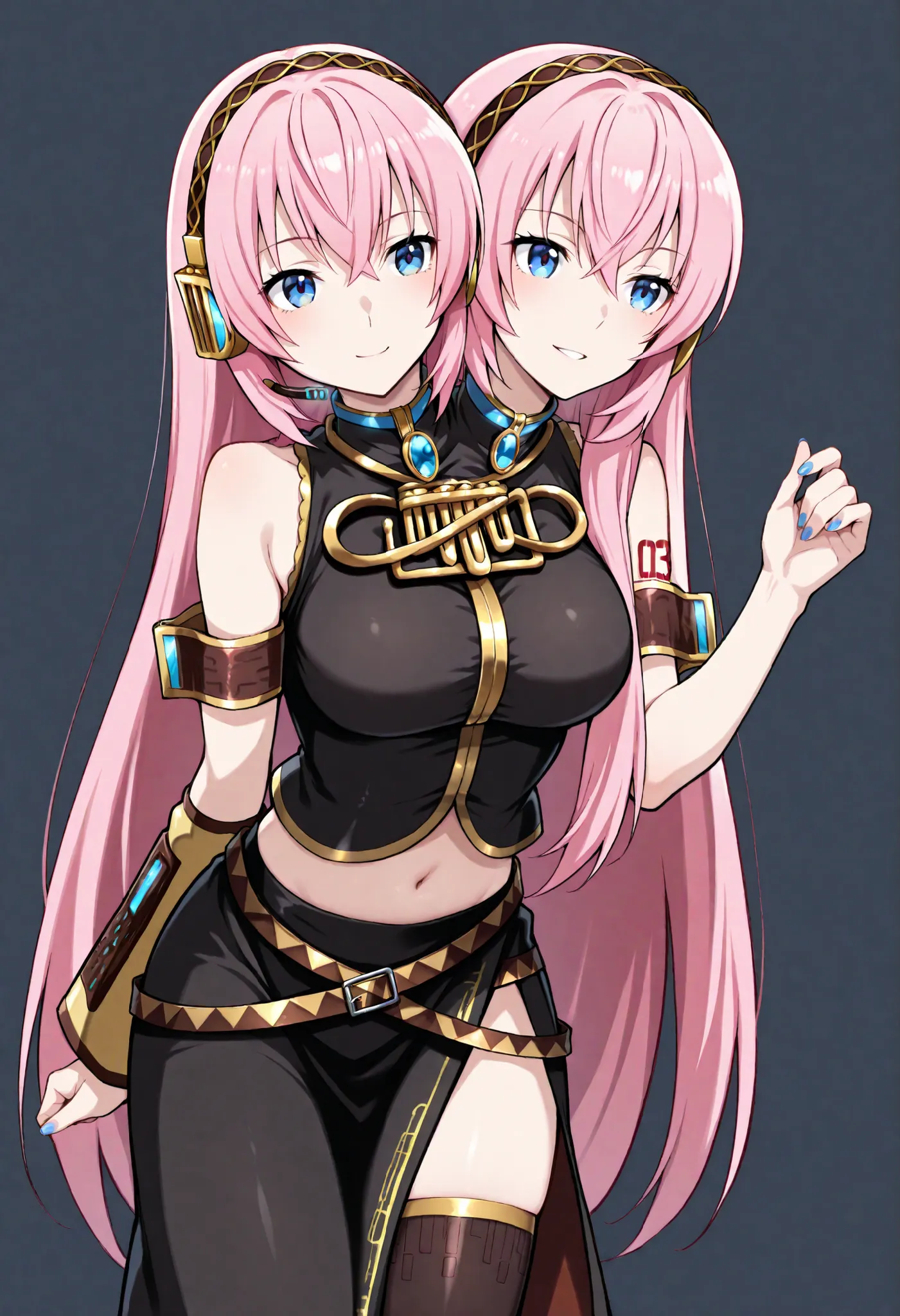 score_9, score_8_up, score_7_up,score_6_up, score_5_up, score_4_up , 1girl, solo, two heads, conjoined, ((2 different hairstyles)), BREAK megurine luka, defaultluka, pink hair, pink very long hair, straight hair, blue eyes, armband, skirt, long skirt, blac...