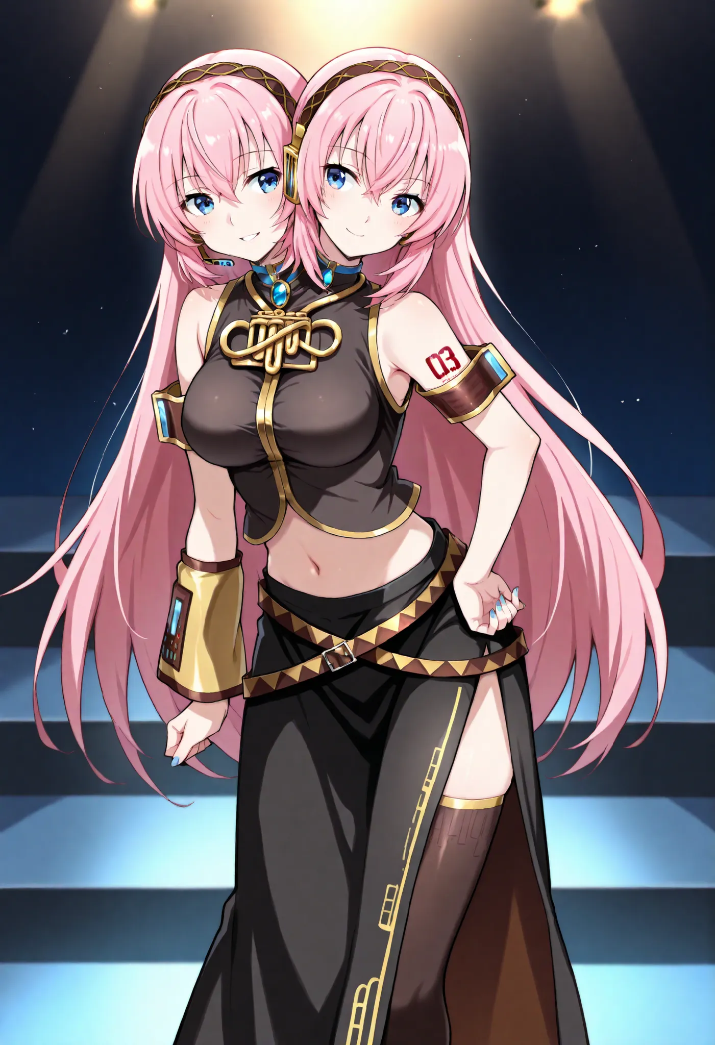 score_9, score_8_up, score_7_up,score_6_up, score_5_up, score_4_up , 1girl, solo, two heads, conjoined, ((2 different hairstyles)), BREAK megurine luka, defaultluka, pink hair, pink very long hair, straight hair, blue eyes, armband, skirt, characters are l...