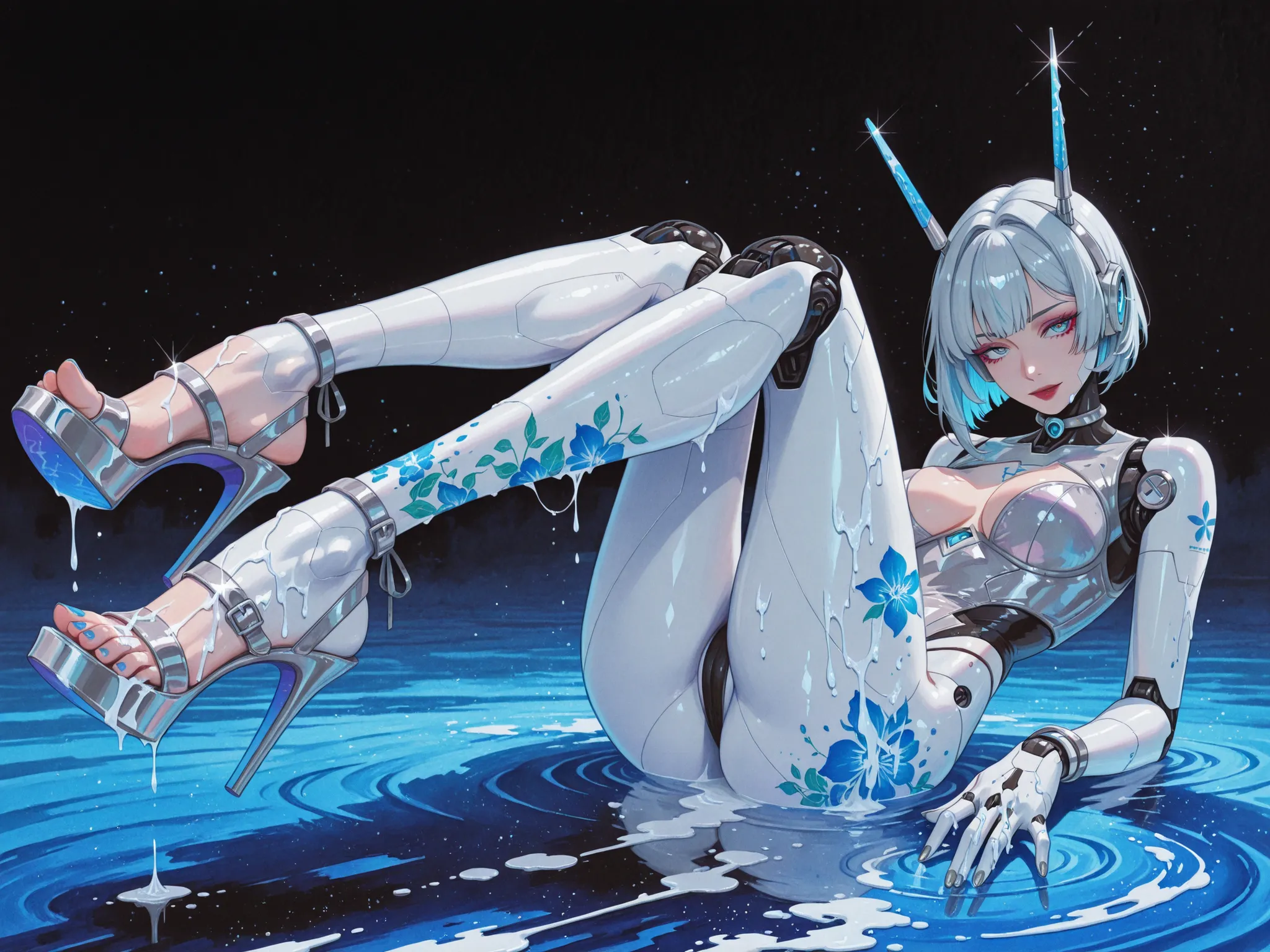 oil and watercolor painting,BV-Illu,cagedheels,open toe cagedheels,strappy heels,tattooedgirl,oil and watercolor painting,Ma_visVamp,cover her sexy body in liquid blue silver fluid, android 