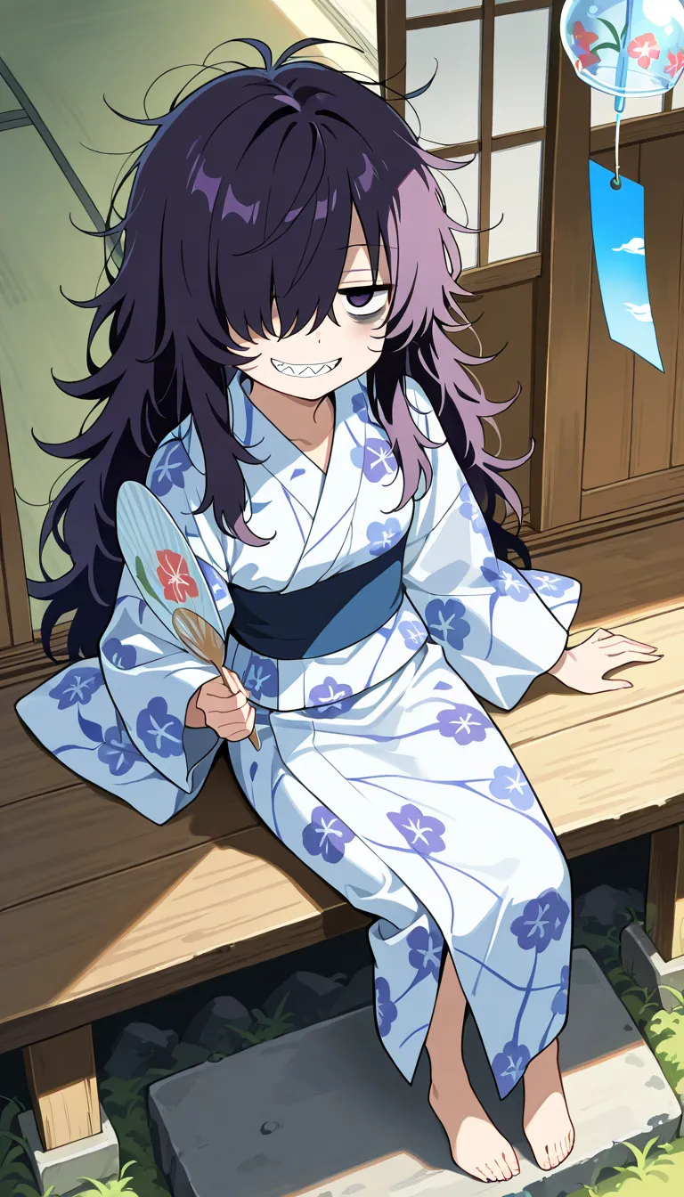(masterpiece, best quality, amazing quality, very aesthetic, absurdres, newest:1), masterpiece,best quality,amazing quality, insanely detailed ,japanese anime style, kyoto animation style,(high detail), 1girl,solo,long hair,dark purple hair, ((messy hair)), hair over one eye, (hair over right eye),((jitome)) ,(bags under eyes) ,grin,sharp teeth,small breasts,petite,(flower patterned yukata ),bare foot,holding a uchiwa , sitting porch, Wind chime ,japanese house,summer,