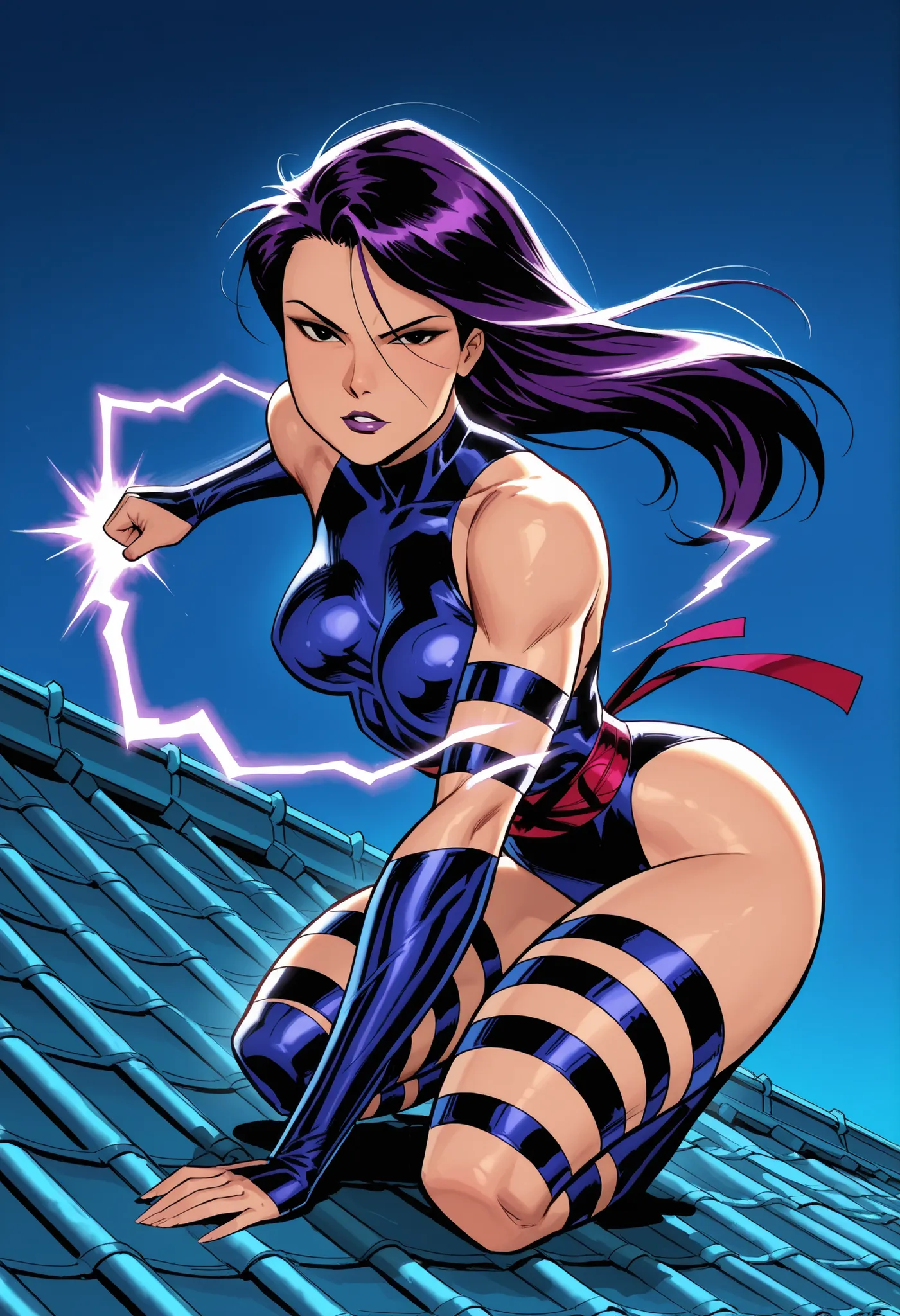 Anime style, 1 girl, solo, looking at viewer, ((Psylocke_X-Men)), mature woman, long purple hair, parted bangs, straight hair, parted bangs down, black eyes, left eye painted purple, serene face, purple lips, parted lips, (Classic uniform), breasts, toned ...