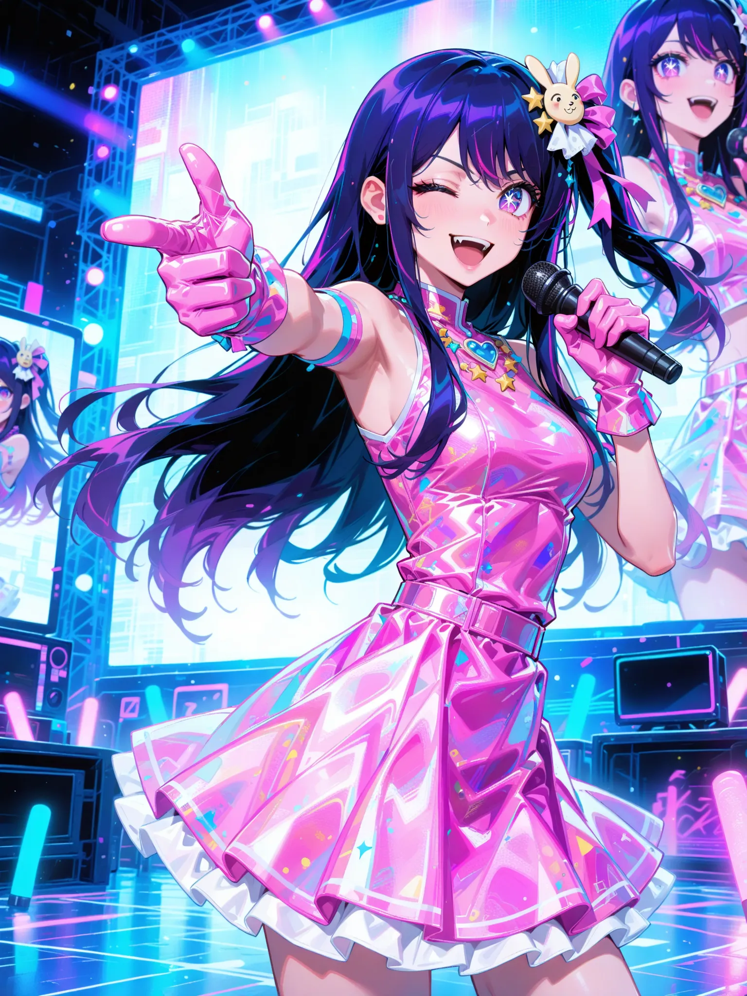  best quality, amazing quality, very aesthetic, absurdres,  newest, 1girl, solo, hoshino ai, oshi no ko,purple hair, purple eyes, long hair, symbol-shaped pupils, star-shaped pupils, star \(symbol\), 
microphone, one eye closed, gloves, holding microphone, hair ornament, smile, pink dress, open mouth, idol, pointing, pointing at viewer,
monitor, stage, penlight \(glowstick\)，(白色背景:1.5)