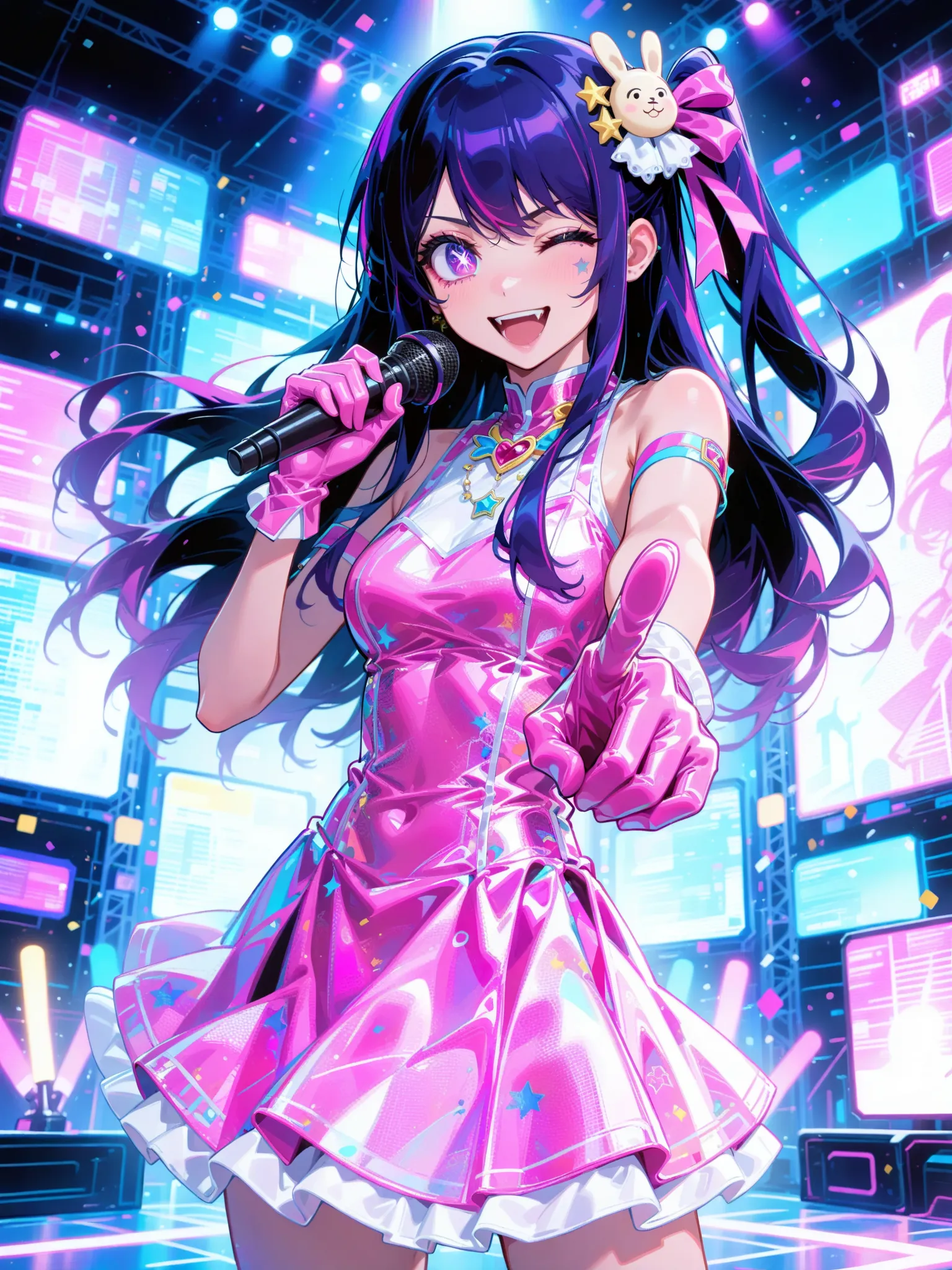  best quality, amazing quality, very aesthetic, absurdres,  newest, 1girl, solo, hoshino ai, oshi no ko,purple hair, purple eyes, long hair, symbol-shaped pupils, star-shaped pupils, star \(symbol\), 
microphone, one eye closed, gloves, holding microphone, hair ornament, smile, pink dress, open mouth, idol, pointing, pointing at viewer,
monitor, stage, penlight \(glowstick\)，(白色背景:1.5)