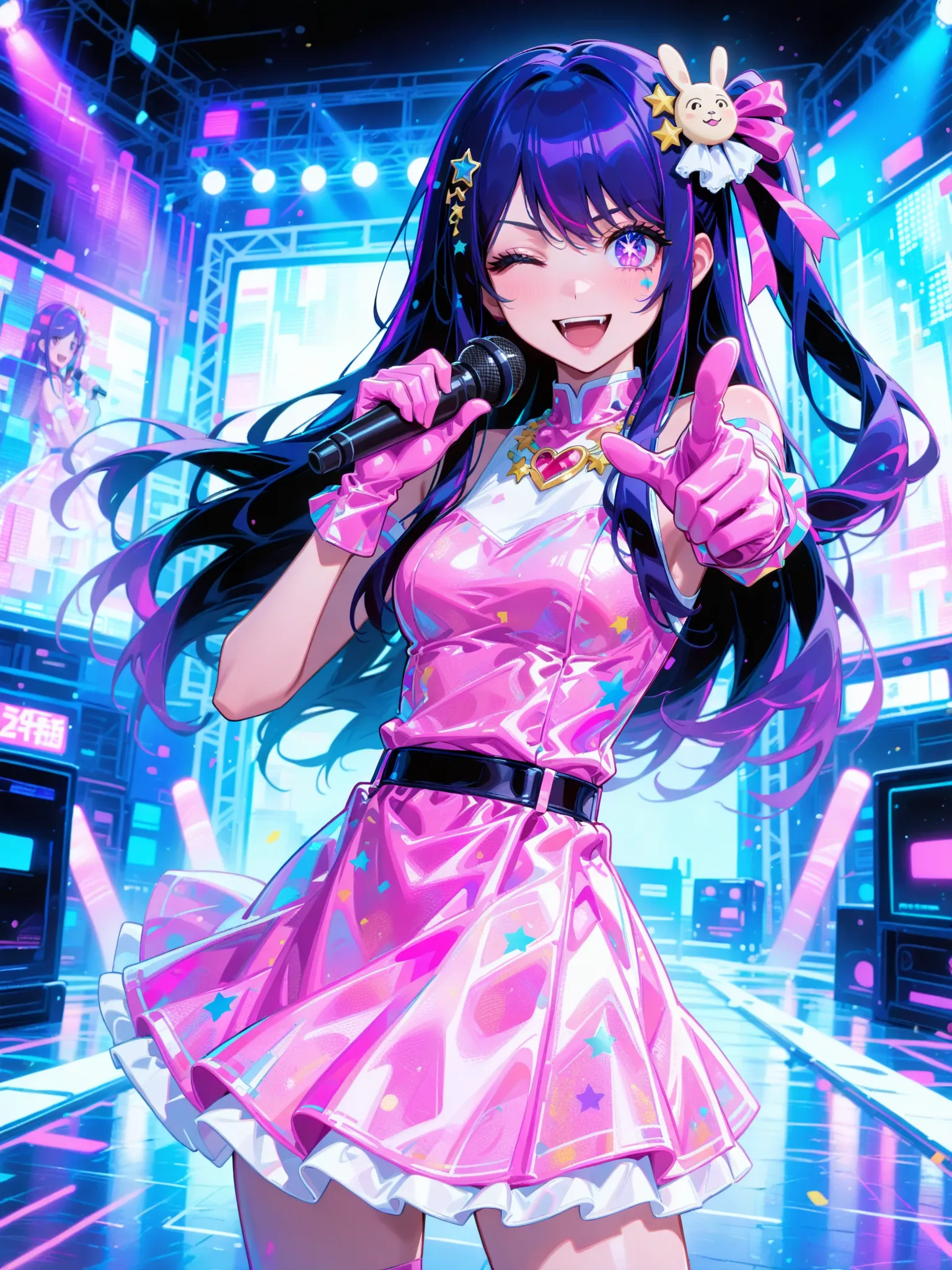  best quality, amazing quality, very aesthetic, absurdres,  newest, 1girl, solo, hoshino ai, oshi no ko,purple hair, purple eyes, long hair, symbol-shaped pupils, star-shaped pupils, star \(symbol\), 
microphone, one eye closed, gloves, holding microphone, hair ornament, smile, pink dress, open mouth, idol, pointing, pointing at viewer,
monitor, stage, penlight \(glowstick\)，(白色背景:1.5)