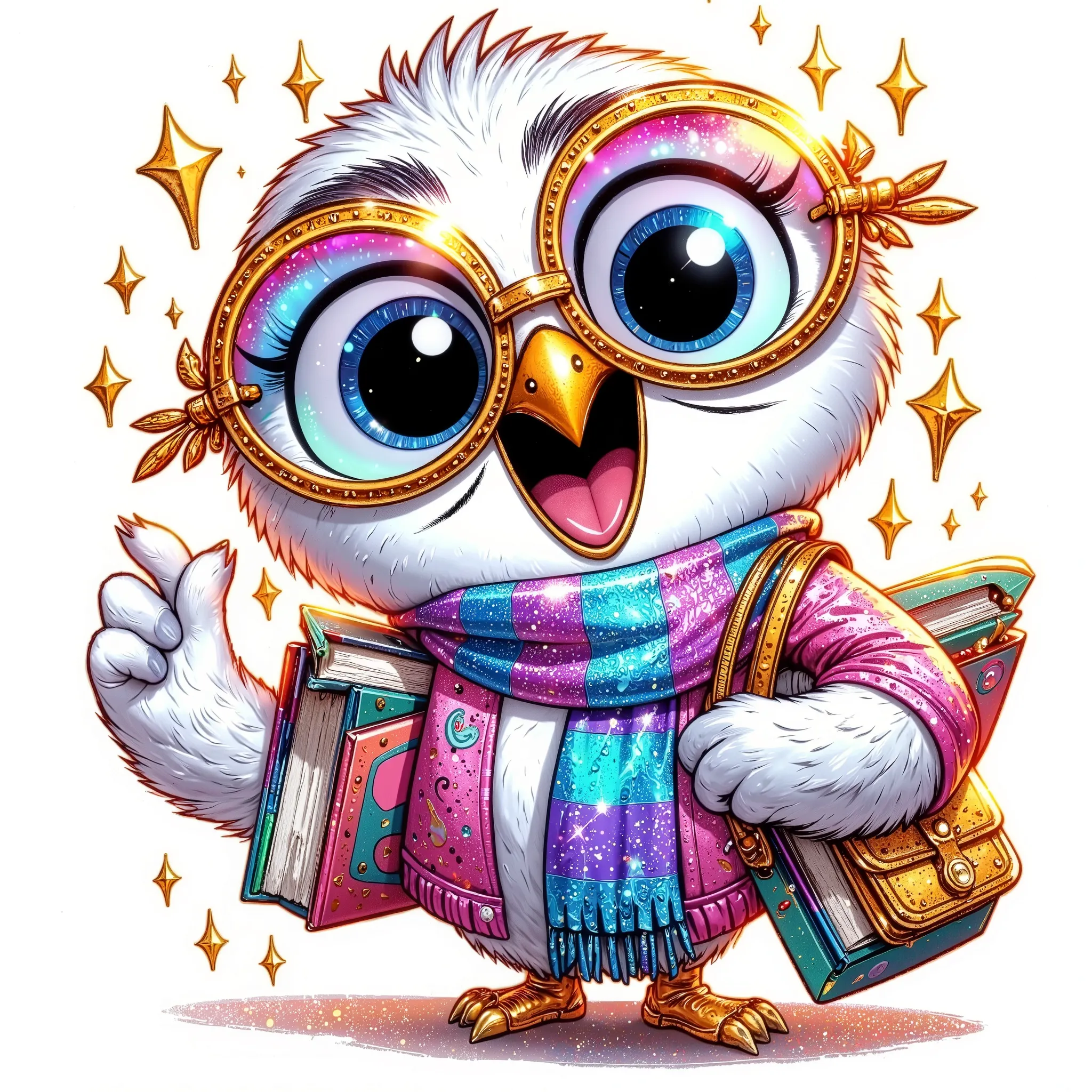 (gold glitter and extremally detailed hi-rez: 1.5) a quirky crazy happy expressive emotions by pixarand Zootopia,glossing vibrant vivid, color-metallicgoldlines-inkblacklines, watercolor with clear contours, single very cute flirtous 15years Hedwig white p...