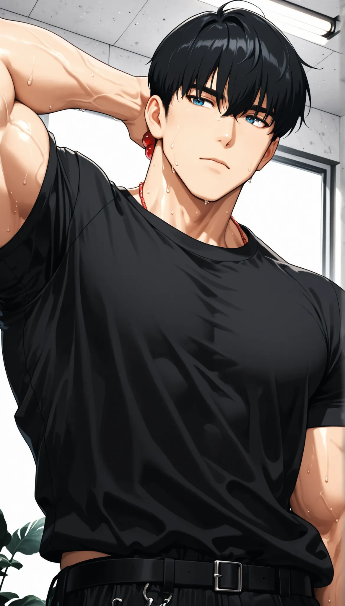 Masterpiece, ultra high definition, movie texture, 1 bodybuilding anime Asian handsome man, Angular facial features, bronzed skin, (Sweat beads illuminated by strong light), Black stretch cotton vest(Close to muscle outline), Bulging deltoids+Chest muscles...