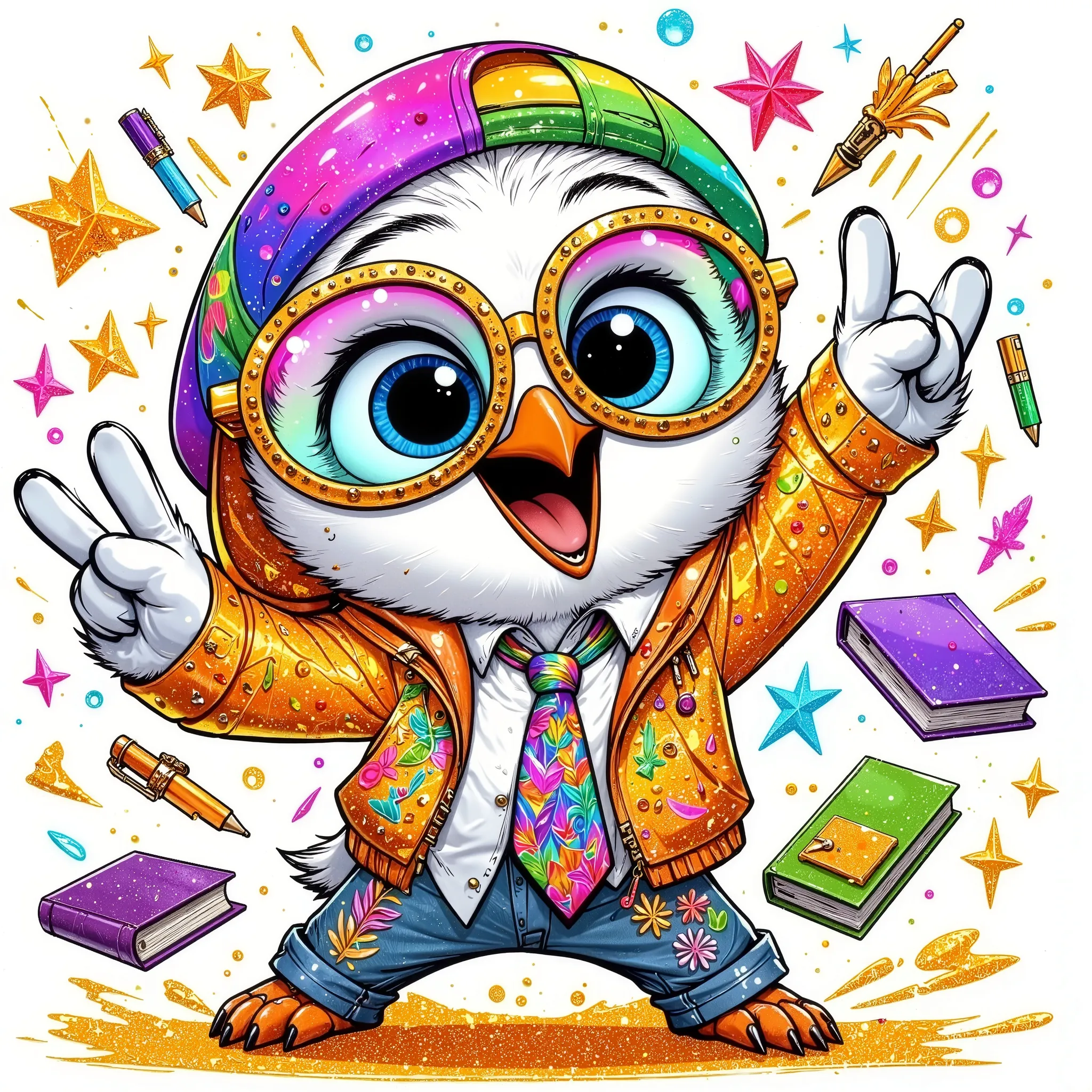 (gold glitter and extremally detailed hi-rez: 1.5) a quirky crazy happy expressive emotions by pixarand Zootopia,glossing vibrant vivid, color-metallicgoldlines-inkblacklines, watercolor with clear contours, single very cute flirtous 15years Hedwig white p...