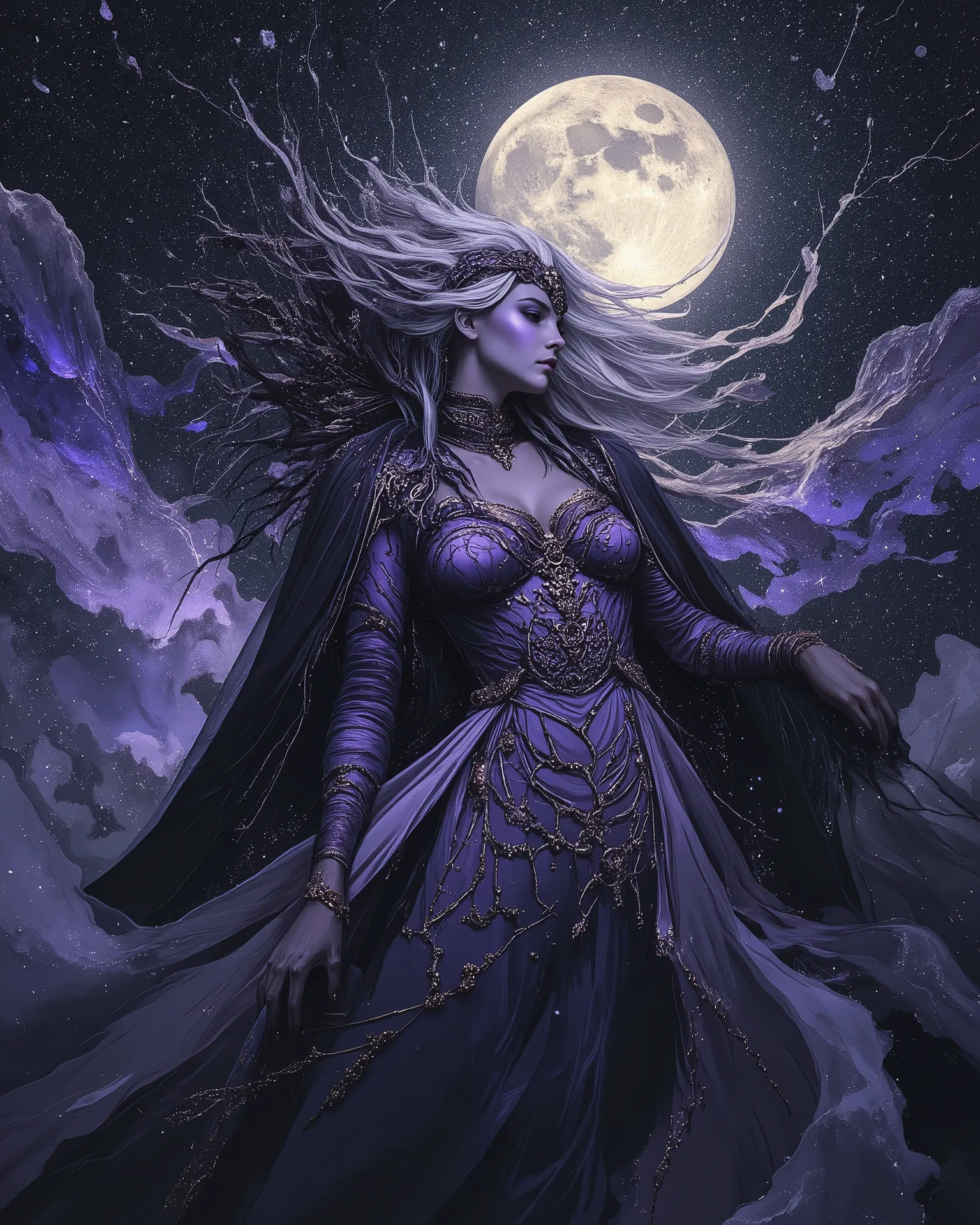 award winning studio photo of beautiful powefull female god of the moon, epic pose, silver hair, (ultra detailed:1.4), lots details,  hdr, (luxury holographic dark purple corset dress:1.4), (cloak:1.2), (complex patterns:1.2),  (ancient caligraphy:1.2), bl...