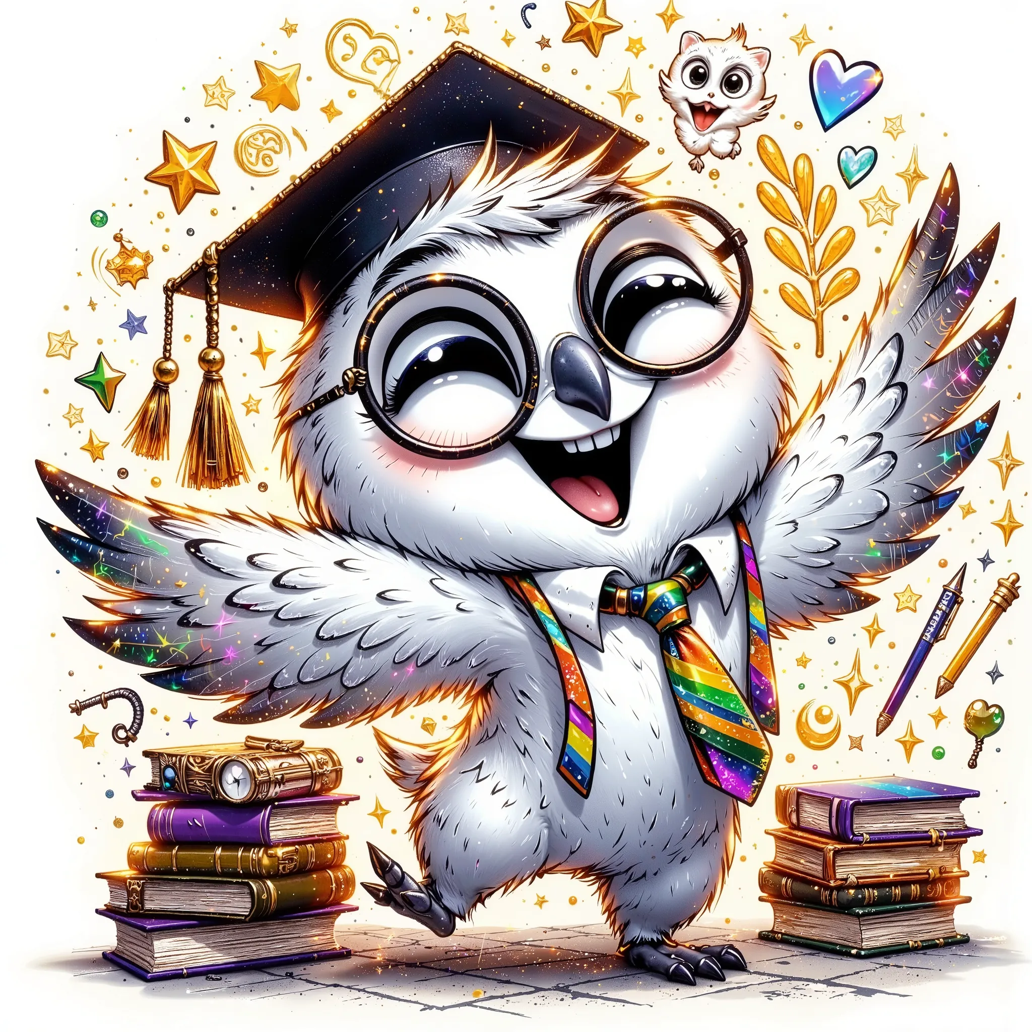 (gold glitter and extremally detailed hi-rez: 1.5) a quirky crazy happy expressive emotions by pixarand Zootopia,glossing vibrant vivid, color-metallicgoldlines-inkblacklines, watercolor with clear contours, single very cute flirtous 15years Hedwig white p...