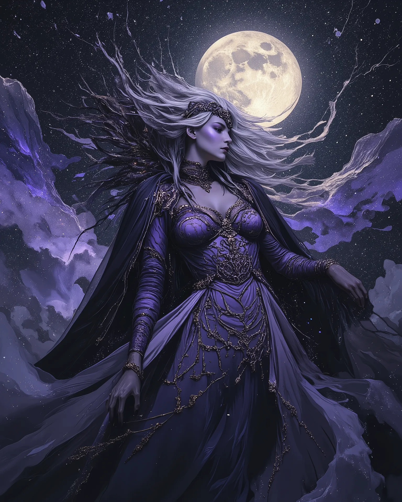 award winning studio photo of beautiful powefull female god of the moon, epic pose, silver hair, (ultra detailed:1.4), lots details,  hdr, (luxury holographic dark purple corset dress:1.4), (cloak:1.2), (complex patterns:1.2),  (ancient caligraphy:1.2), bl...