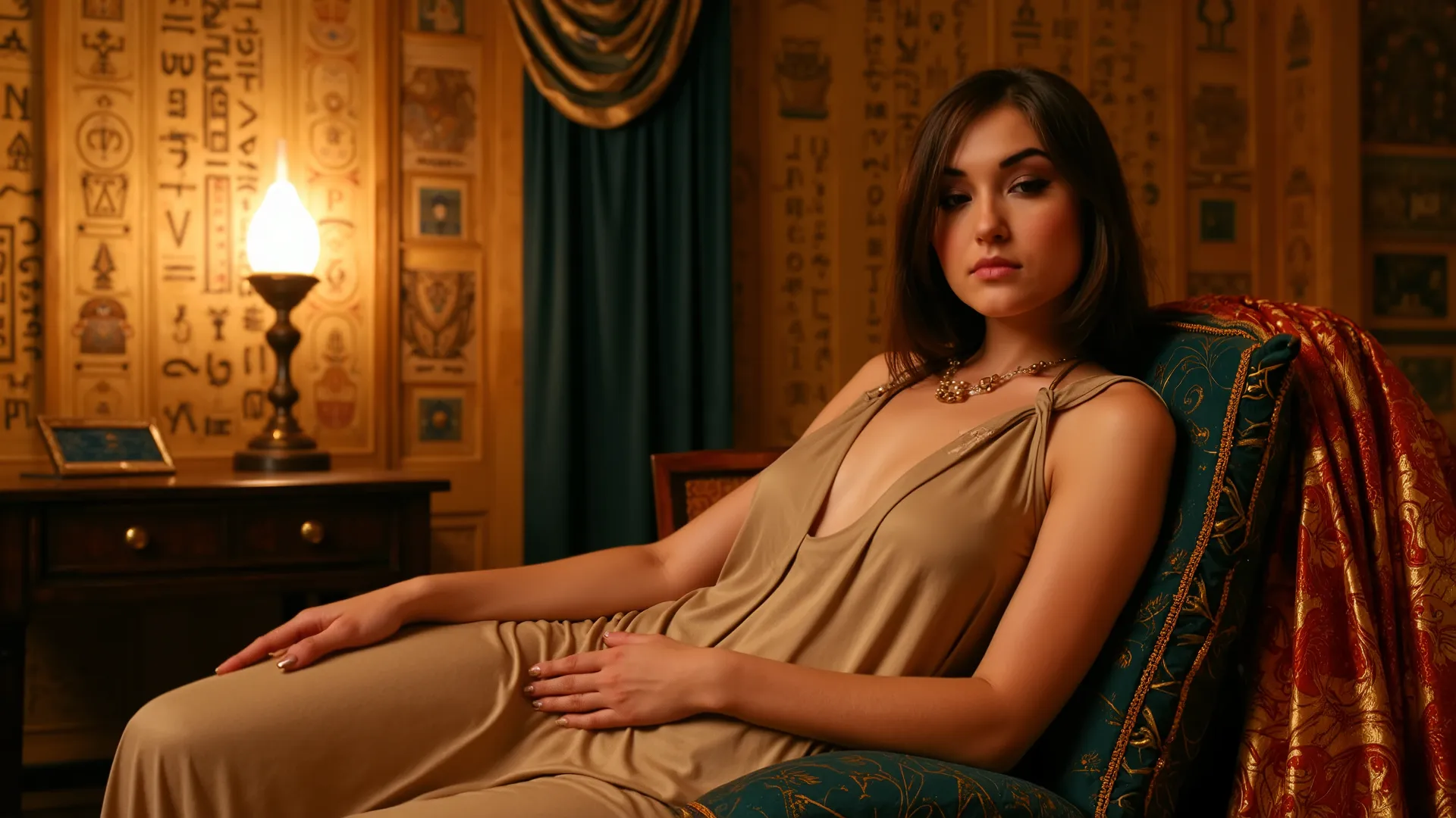 The scene showcases a luxurious Egyptian harem chamber, where the walls are adorned with exquisite hieroglyphics and intricate carvings that reflect the rich heritage of ancient Egypt. The atmosphere is imbued with a warm, golden glow from ornate brass lan...