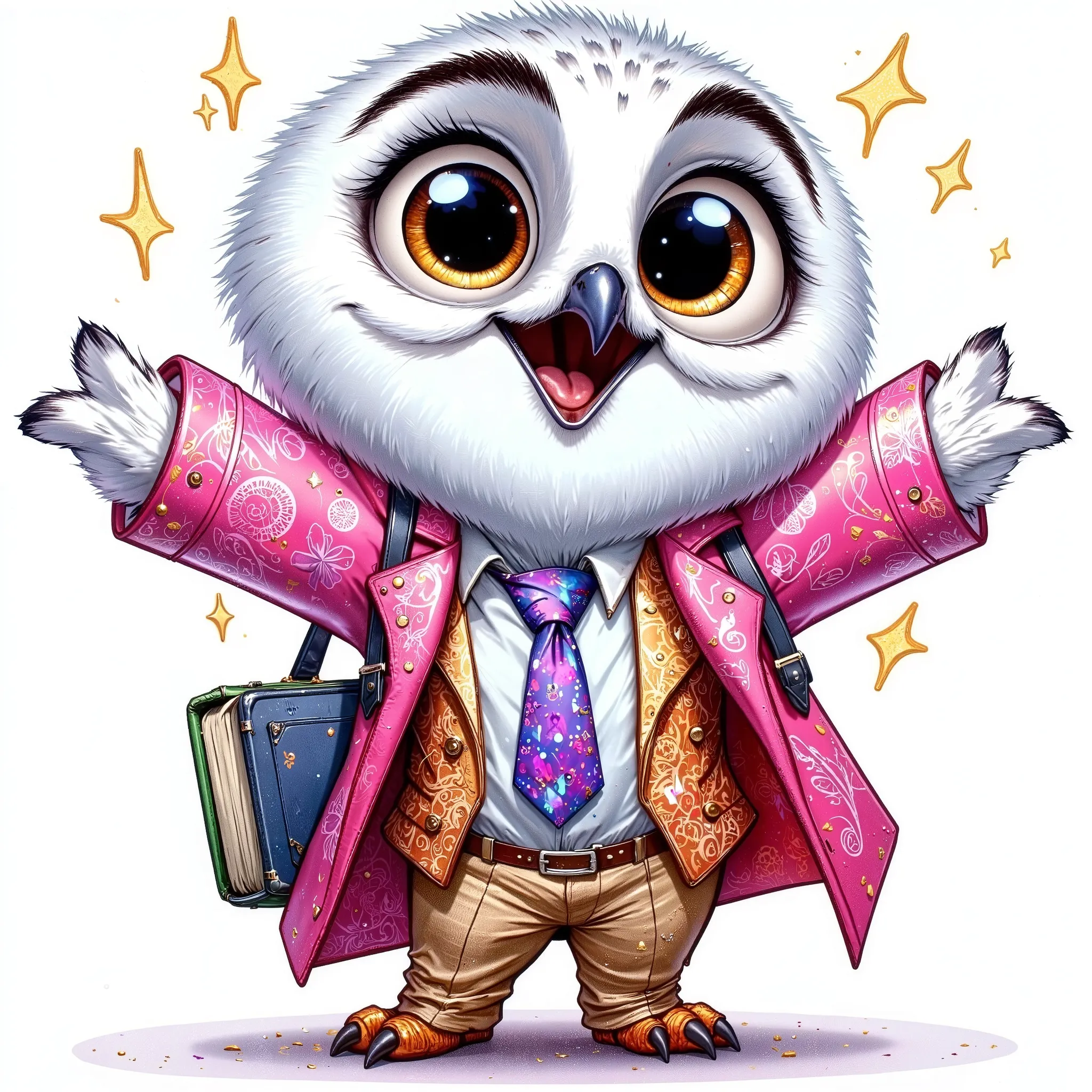 (extremally detailed hi-rez: 1.5) a quirky crazy happy expressive emotions by pixarand Zootopia,glossing vibrant vivid, color-metallicgoldlines-inkblacklines, watercolor with clear contours, single very cute flirtous 15years Hedwig white polar owlteenager ...