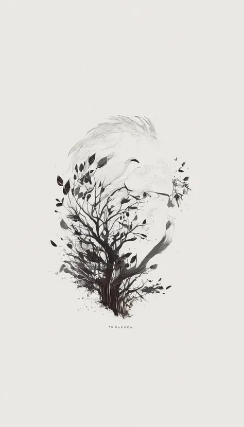 A minimal, modern, simple, cinematic logo design for the brand “Penamemoria". Create a modern, minimalistic, high-quality, logo of a white cinematic creative face of a boy with a fantasy, poetic feather, an acoustic guitar and a fantasy, never seen before, cinematic, artistis bird against a tree of stories and dreams

