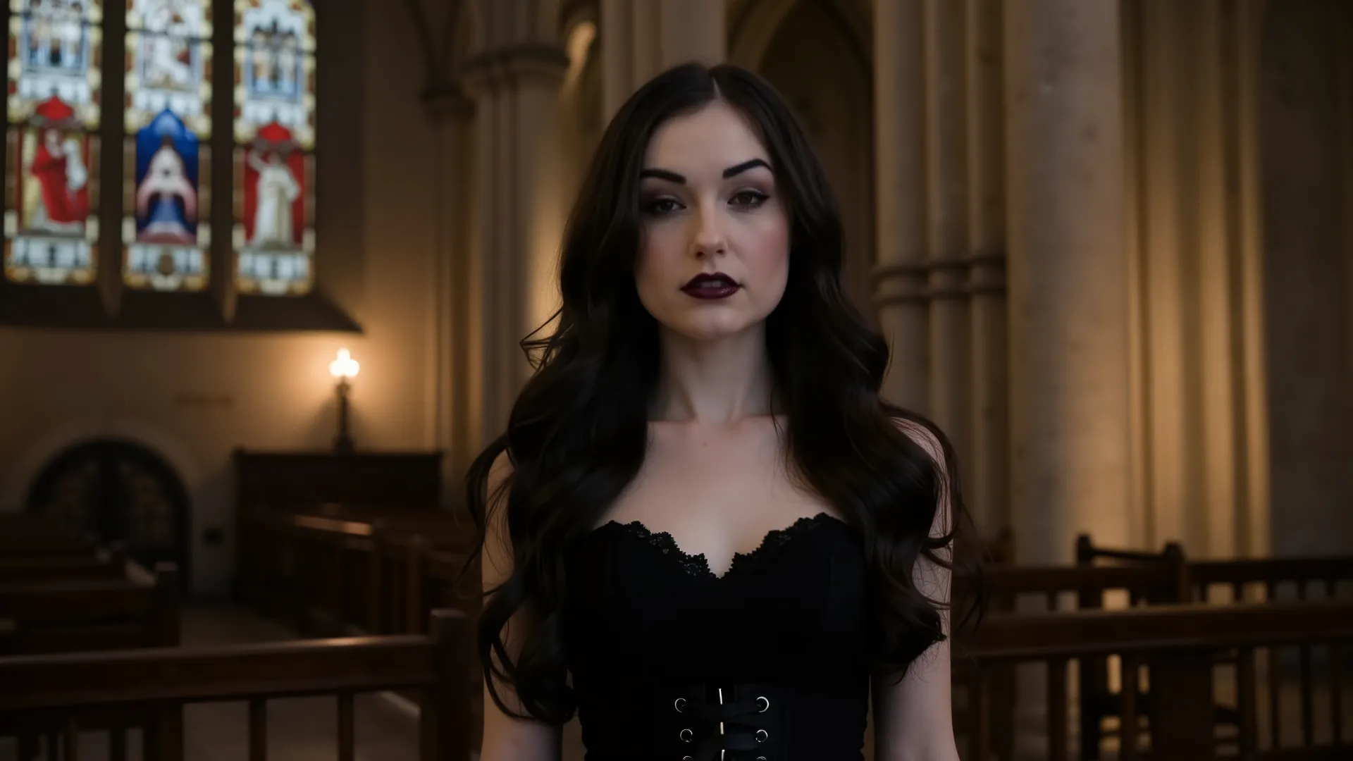 A mysterious yet elegant gothic woman with pale skin, dark lipstick, and long wavy raven-black hair, wearing a black lace corset dress, standing in an old candlelit cathedral, stained glass windows in the background, dramatic shadows, realistic style, 4K