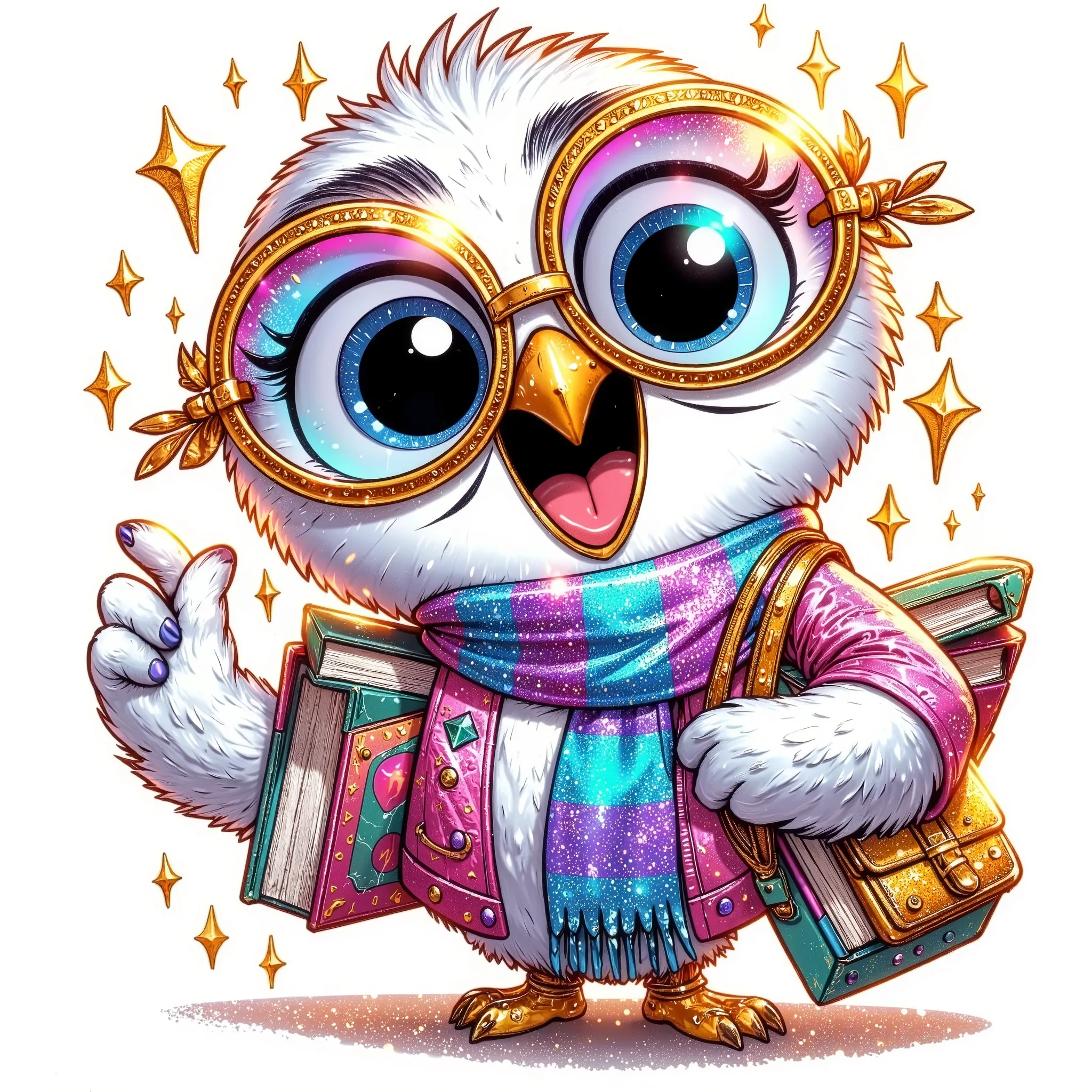 (extremally detailed hi-rez: 1.5) a quirky crazy happy expressive emotions by pixarand Zootopia,glossing vibrant vivid, color-metallicgoldlines-inkblacklines, watercolor with clear contours, single very cute flirtous 15years Hedwig white polar owlteenager ...