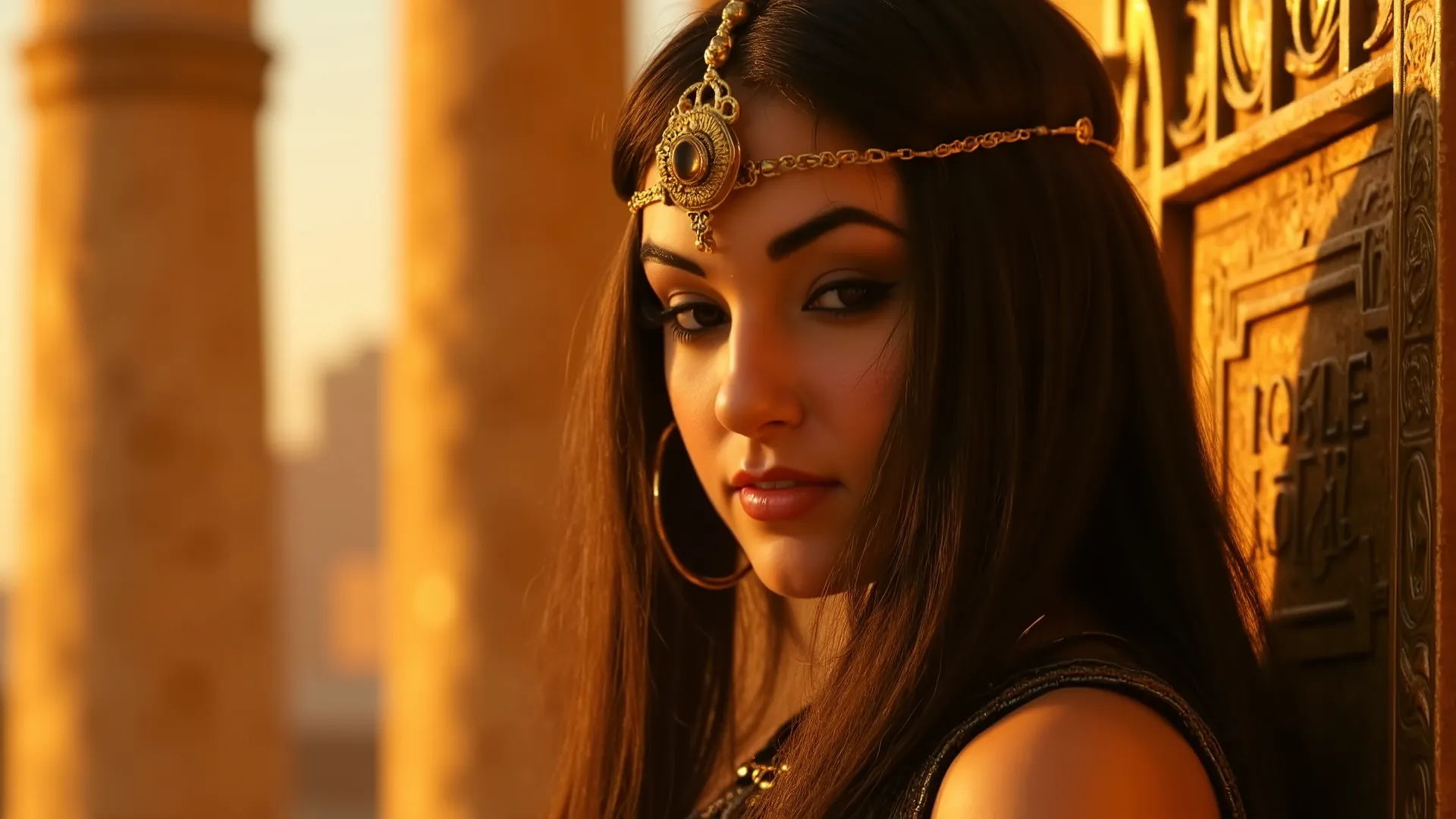 an enchanting, richly detailed representation of the Egyptian goddess "Isis". In this composition, Isis is seated regally on a golden throne, dressed in ornate ancient Egyptian attire and shimmering gold jewelry. The scene is illuminated by the soft radian...